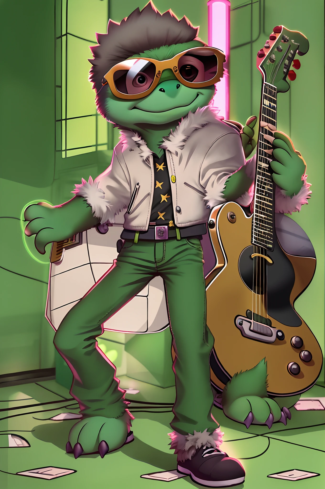 Manhwa Style，anthropomorphic turtle，o cachorrinho，Rock puppy，Trendy clothing，wears dark glasses，plays the guitar，Madness，Fluttering musical symbols，ball room，lamplight，Spotlights，8K，super-fine，full bodyesbian，best qualtiy，独奏