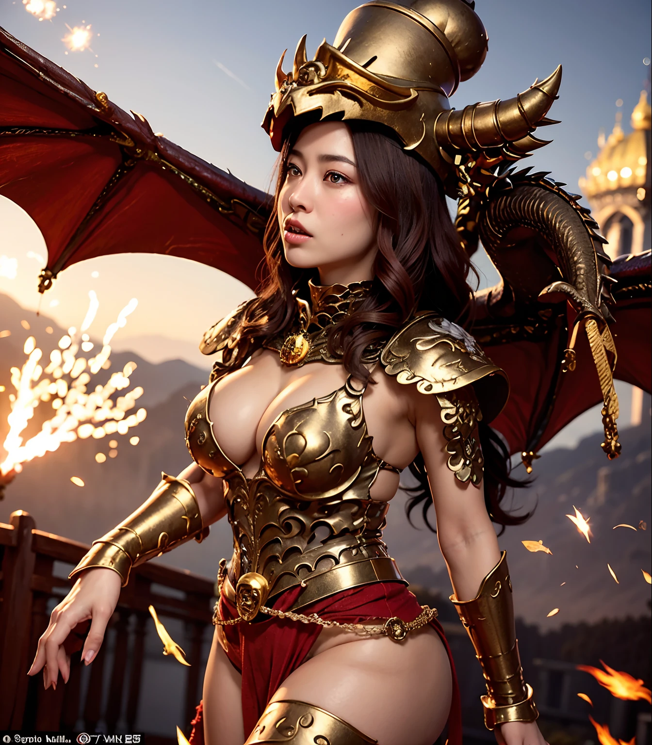 Professional , masterpiece、top-quality、photos realistic , depth of fields 、(Fight the Dragon Knight with the Dragon Mask),(Dragon Black Metal Body:1.4),(Matte Black、、Light Effects、(cleavage of the breast)、(Fight dragons)、(Seductive look)、Dragon Gold Weapon、Mystical expression、(bikini-armor),Gorgeous gold weapons ,(( Dragon's dense and gorgeous sword)) , Beautiful knife ,warhammer 40k , adepta sororitas,Detail and gorgeous crown、((Golden hair))、(Castle background)、The dragon、((Gangle's forest background))、Beautiful Caucasian beauty、(1a person)、dynamic ungle,(((Detailed and ornate dragon helmet)))、Smaller head、Castle background、Thin and beautiful female hands、cleavage of the breast、Soldier in iron armor on background、Mystical expression、Light Effects、intense fighting、Wind-effect、magic circles、With the legendary magic wand、(demonic wings)、Toostock、