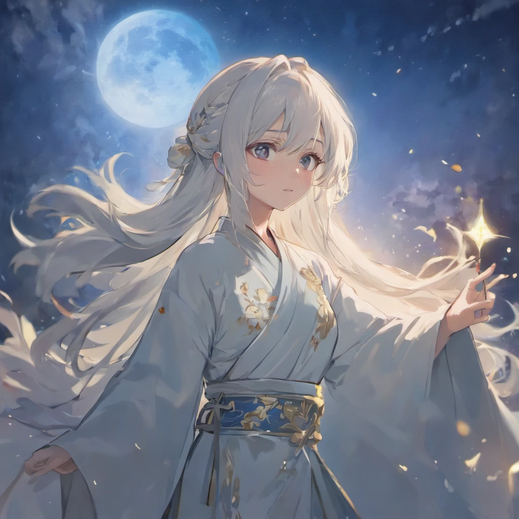 Man in white，Male，Man，Young men，White Hanfu，long  white hair，simplebackground，Long flowing hair，cold shades，moon full，the night，rays of moonlight，Flood