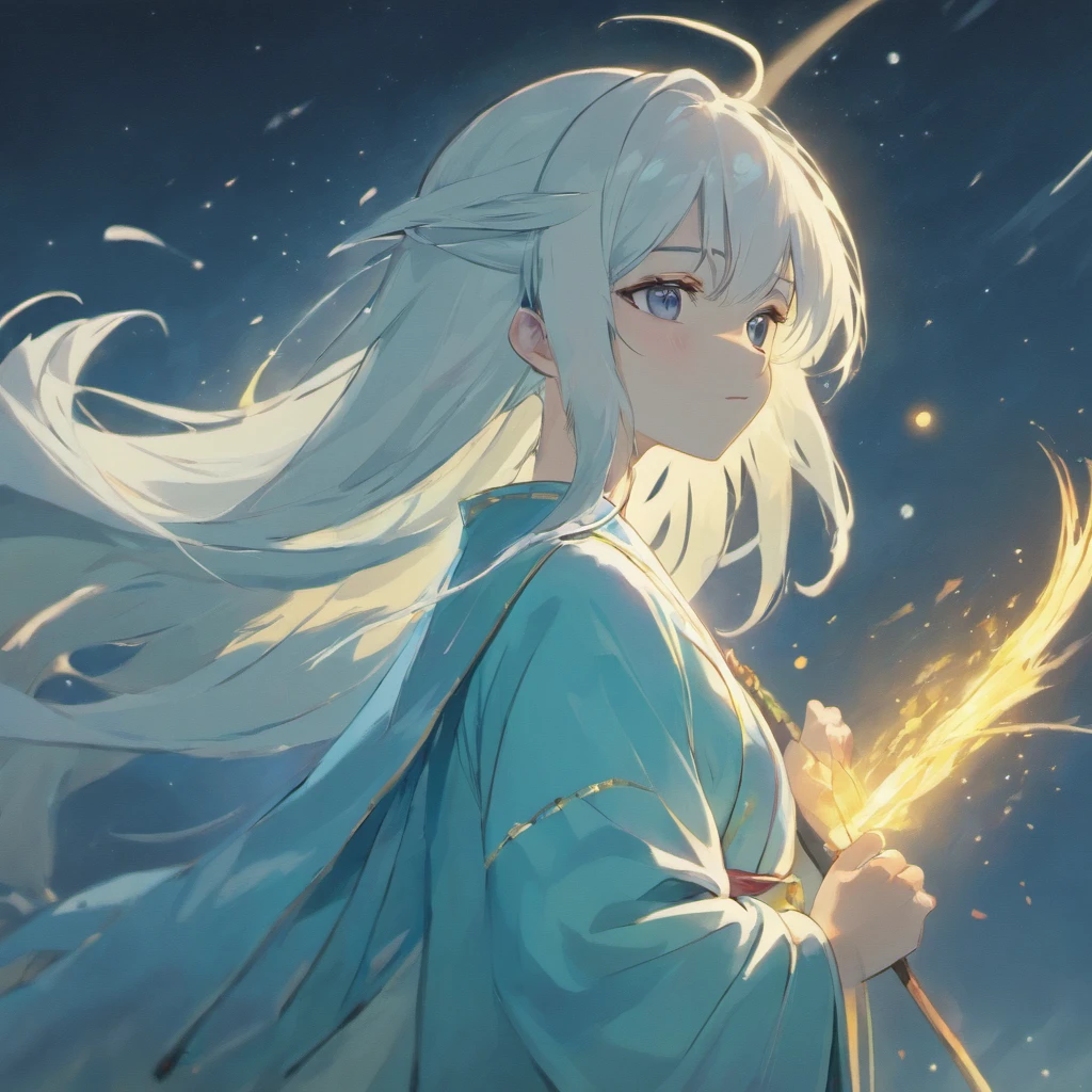 Man in white,Male,Man,Young men,White Hanfu,long white hair,simplebackground,Long flowing hair,cold shades,moon full,the night,rays of moonlight,Flood