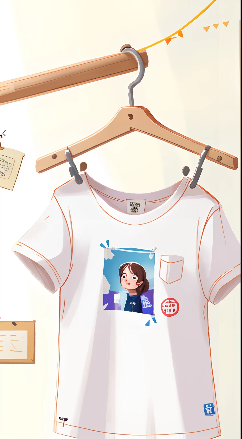 A shirt with a logo is hang on the hanger, perfect quality, clear focus (clutter - home: 0.8), (masterpiece: 1.2) (realistic: 1.2) (bokeh) (best quality) (detailed skin: 1.3) (complex details) (8K) (sharp focus), clean background, white background, long view composition, 85MM SHOT