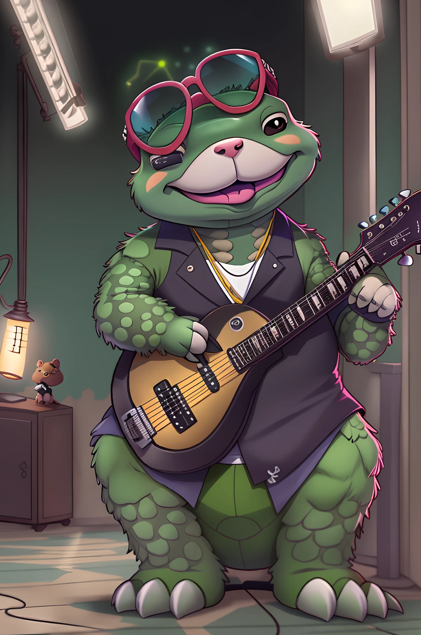 Manhwa Style,anthropomorphic turtle,o cachorrinho,Rock puppy,Trendy clothing,wears dark glasses,plays the guitar,Madness,Fluttering musical symbols,ball room,lamplight,Spotlights,8K,super-fine,full bodyesbian,best qualtiy,独奏