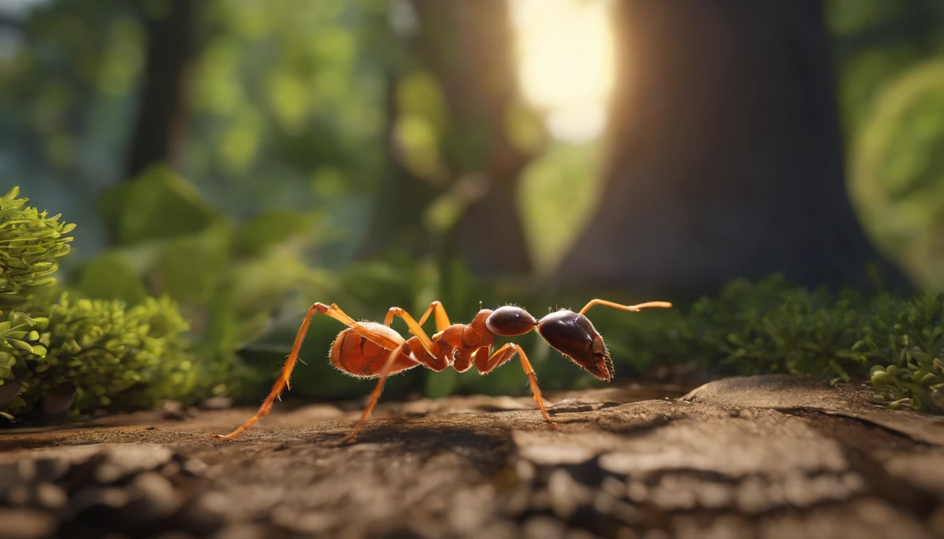Generate a super realistic 3D image in 8K in 16:9 format with a brown ant positioned in the center, with its back to the screen, holding a tree trunk. In the background, add a large orange sun with a blur effect, pulling towards yellow. Make sure all details, textures and shadows are highly realistic.