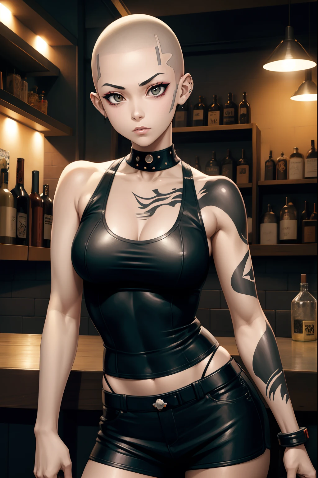 Anime girl with shaved head and black top posing in a bar, garota anime punk, menina de anime punk feminino, Arte no estilo de Guweiz, menina anime sedutora, arte digital estilo anime, estilo anime. 8k, arte de anime realista, garota misteriosa da cafeteria, arte digital do anime cyberpunk, feito com anime painter studio, pintado em anime painter studio