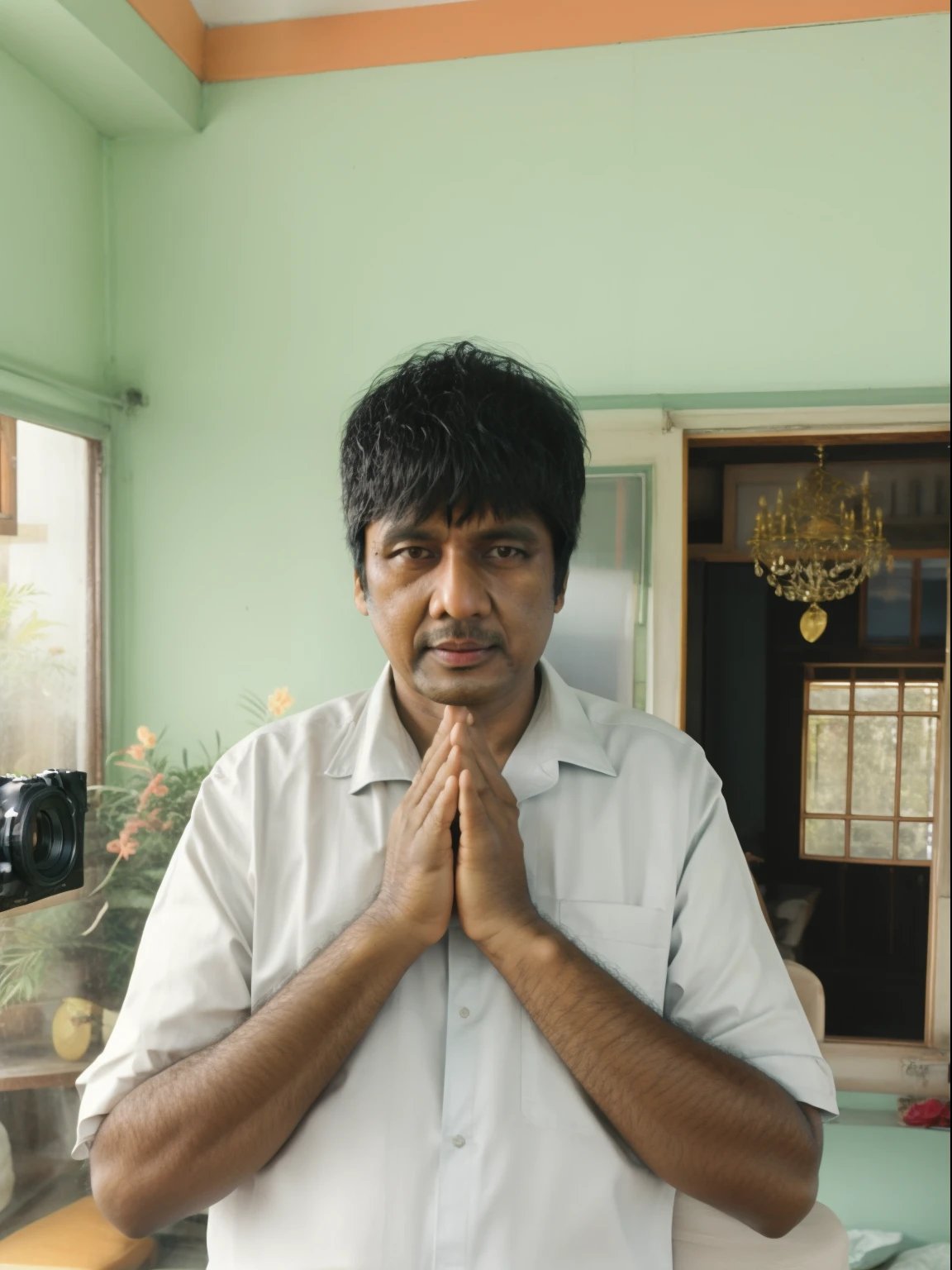 there is a man standing in a room with his hands together, jayison devadas, vinayak, 4 0 years old man, a photo of a man, taken with sony alpha 9, photo taken with sony a7r camera, inspired by Odhise Paskali, he is greeting you warmly, captured with sony a3 camera