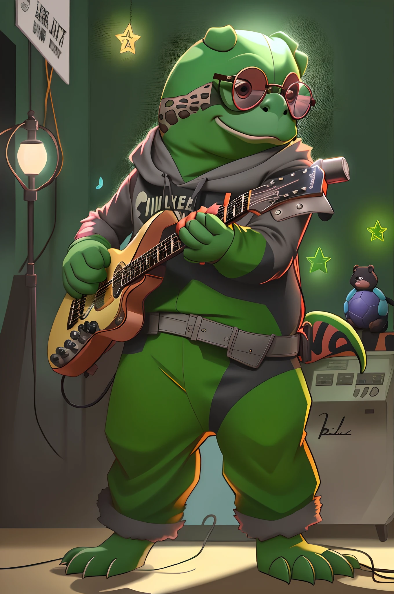 Manhwa Style,anthropomorphic turtle,o cachorrinho,Rock puppy,Trendy clothing,wears dark glasses,plays the guitar,Madness,Fluttering musical symbols,ball room,lamplight,Spotlights,8K,super-fine,full bodyesbian,best qualtiy,独奏