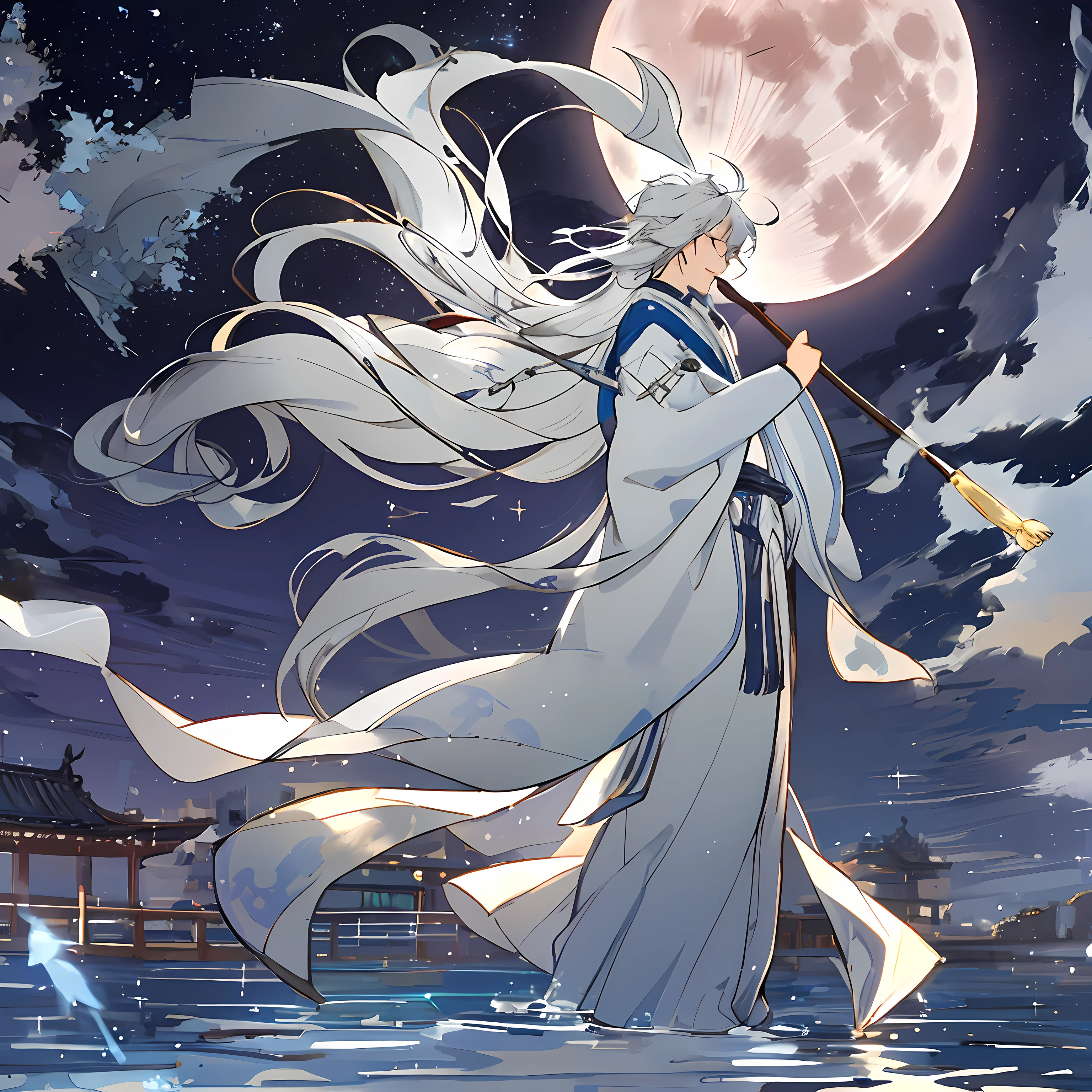shoun,younge boy,White Hanfu,long white hair,Long flowing hair,Wide robe with large sleeves,年轻,Young,Ancient wind,Solid color clothes,The clothes do not have any patterns,adolable,laughingly,flood,softlighting,Flat painting style,aquarelle,water ink,Behind it is the full moon,low-saturation,low-contrast,big laughter,Pleasure