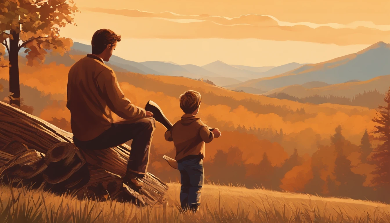 simple boy, father, hilltop, axe, stack of wood, sunny day, beautiful landscape, bonding moment, harmonious colors, natural lighting, joyful expressions, wholesome scene, detailed textures, high resolution, vivid colors, woodcut style, warm color tones, peaceful atmosphere