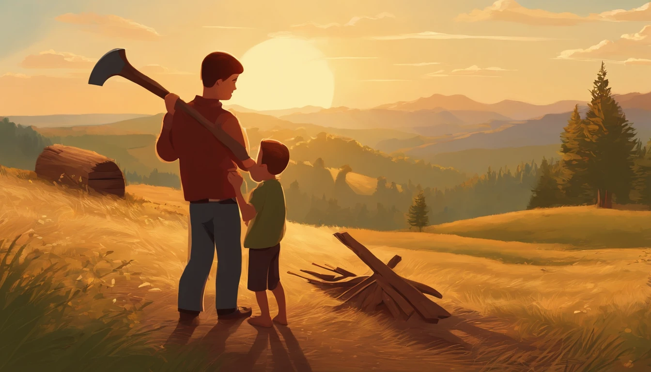 simple boy, father, hilltop, axe, stack of wood, sunny day, beautiful landscape, bonding moment, harmonious colors, natural lighting, joyful expressions, wholesome scene, detailed textures, high resolution, vivid colors, woodcut style, warm color tones, peaceful atmosphere