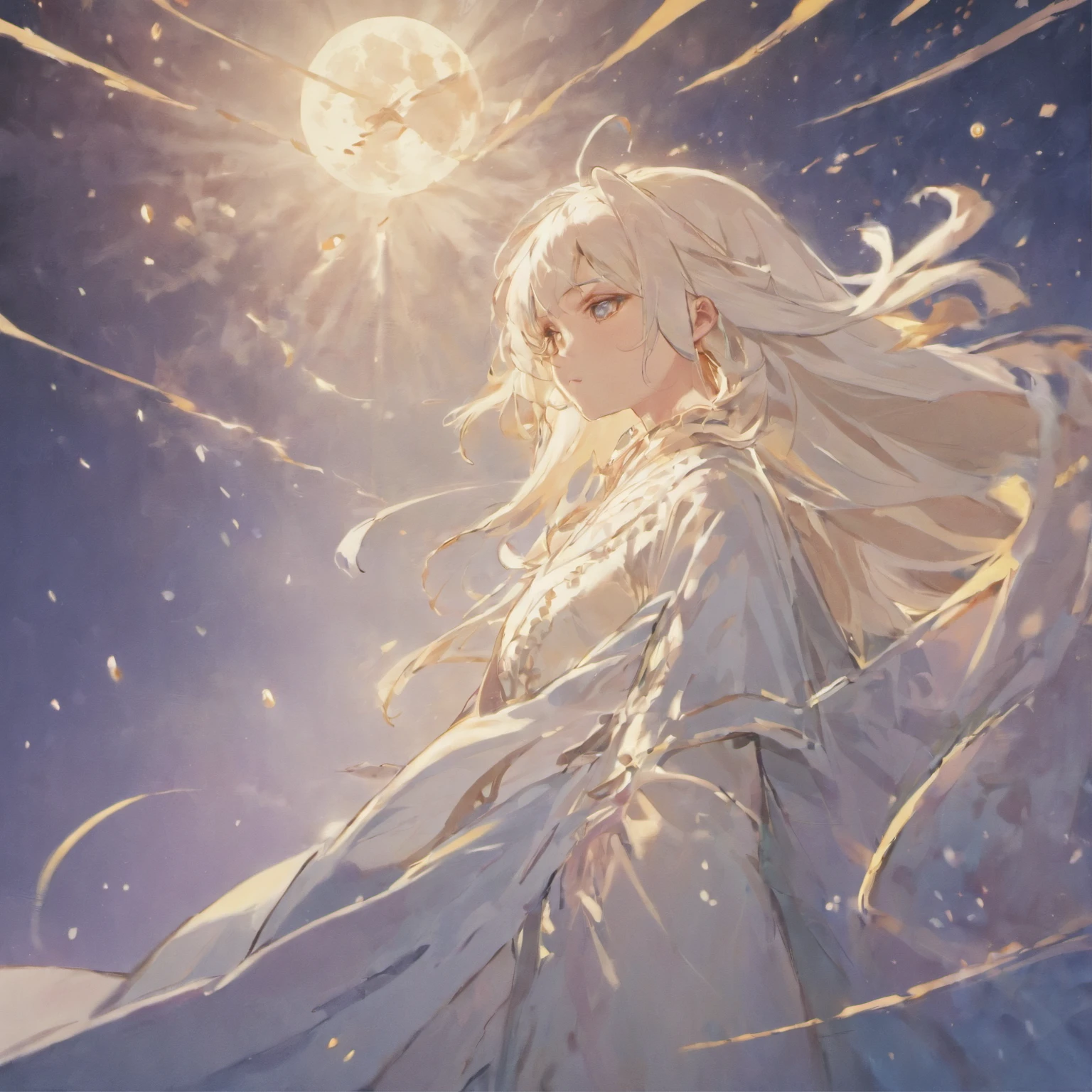 Man in white,Male,Man,Young men,White Hanfu,long white hair,simplebackground,Long flowing hair,cold shades,moon full,the night,rays of moonlight,Flood