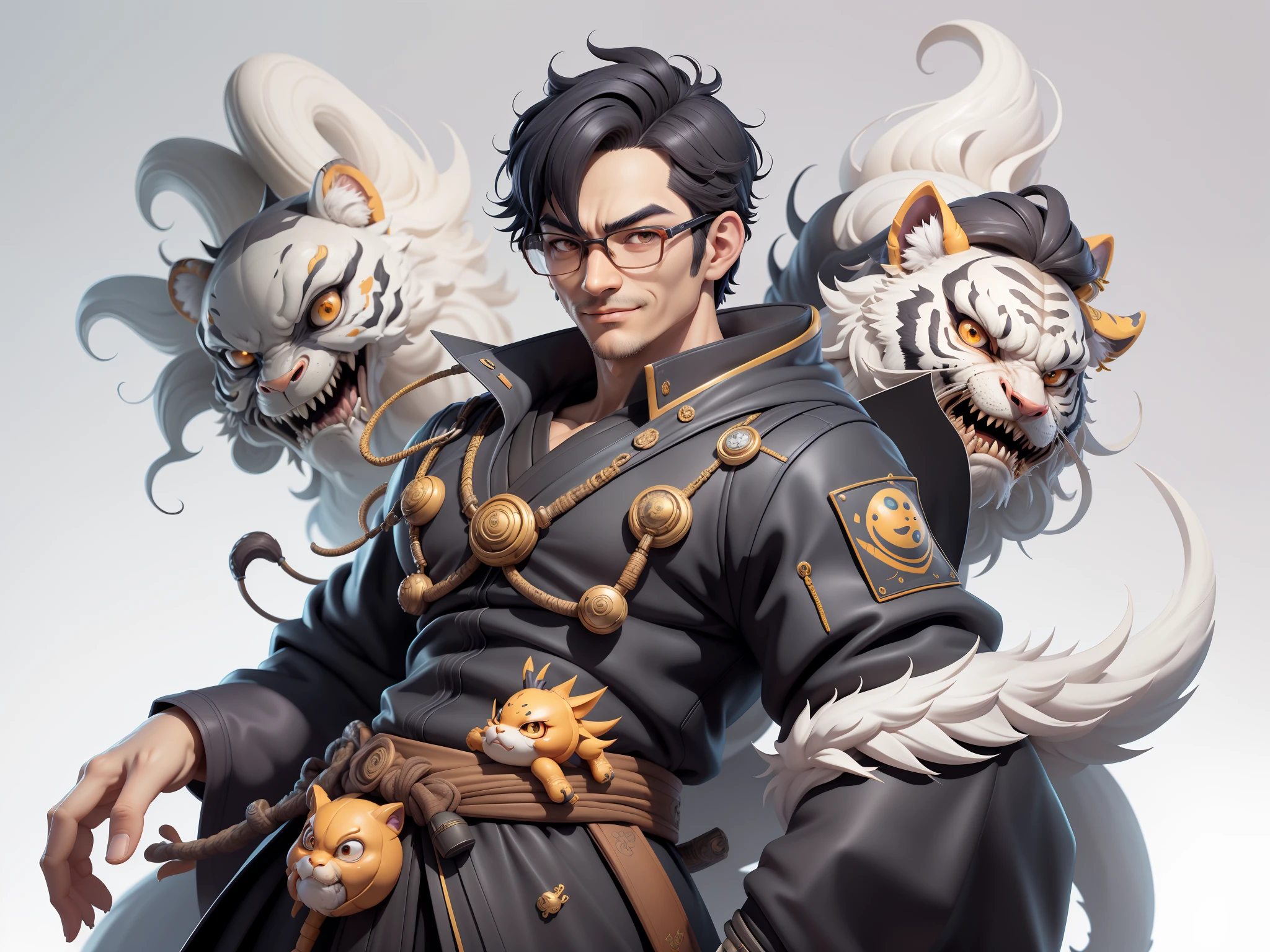 (Masterpiece), (Excellent), (Super Meticulous), (Full Body: 1.2), Super Young Man with Japanese Female Geisha, Pretty, Beautiful, Chinese Dragon, Tiger, Wind God Thor, Sexy, Bursting, Oriental Face, TV Anchor, Bust Portrait Illustration, Black Suit, Blue Tie, Slightly Chubby Face, Silver Glasses, Very Clean Face, No Beard on Chin, Black Super Short Hair, Black Eyes, Confident Smile, 3c Computer Sub-Products, iPad, iPhone, Digital Painting, 3D character design by Mark Clairedon and Pixar and Hayao Miyazaki and Akira Toriyama, the illustrations are HD illustrations in 4K resolution with highly detailed facial features and cartoon-style visuals.