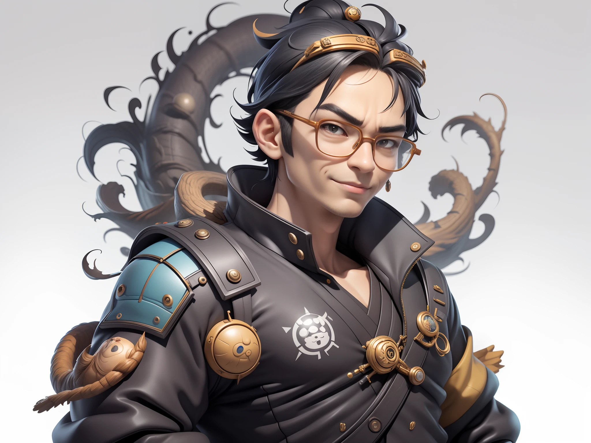 (Masterpiece), (Excellent), (Super Meticulous), (Full Body: 1.2), Super Young Man with Japanese Female Geisha, Pretty, Beautiful, Chinese Dragon, Tiger, Wind God Thor, Sexy, Bursting, Oriental Face, TV Anchor, Bust Portrait Illustration, Black Suit, Blue Tie, Slightly Chubby Face, Silver Glasses, Very Clean Face, No Beard on Chin, Black Super Short Hair, Black Eyes, Confident Smile, 3c Computer Sub-Products, iPad, iPhone, Digital Painting, 3D character design by Mark Clairedon and Pixar and Hayao Miyazaki and Akira Toriyama, the illustrations are HD illustrations in 4K resolution with highly detailed facial features and cartoon-style visuals.