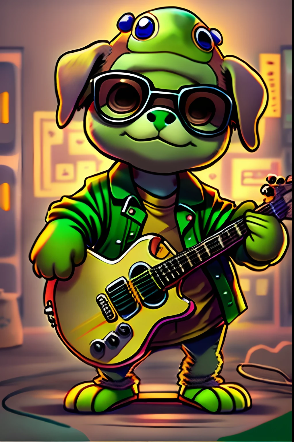 furry fandom illustration, red glasses, madure and cute shy boy african wild dog mixed with wolf, dark cream color fur, red muzzle, red glasses, timid smile, with one pivoted ear, inside a dark room, wearing a light green leash, sucking a wolf penis