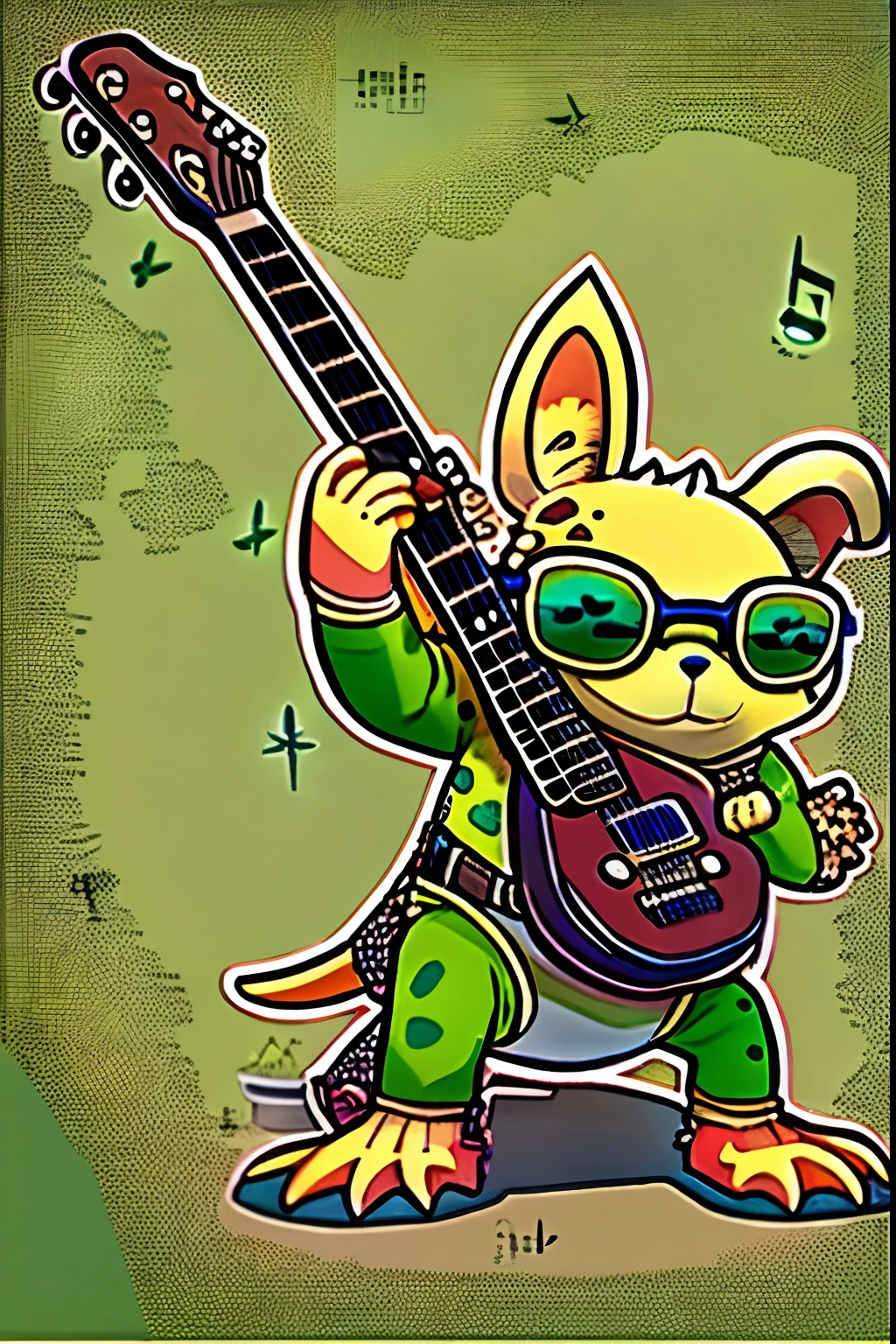 boy, squirrel, furry, bodyfur, tail, green goggles, green collar, green bra, bottomless, green gloves, green boots, chibi, sparkling eyes, from below, cute, playing the guitar, singing