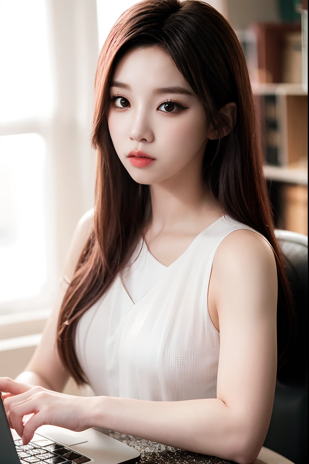 Araki woman in black dress sitting at desk，holding laptop, Gorgeous young Korean woman, Beautiful young Korean woman, beautiful Korean women, Korean girl, Korean woman, jaeyeon nam, Choi Hyun-hwa, young lovely Korean faces, portrait of female korean idol, Beautiful Asian girl, hwang se - on, Beautiful asian woman, Lee Ji-eun