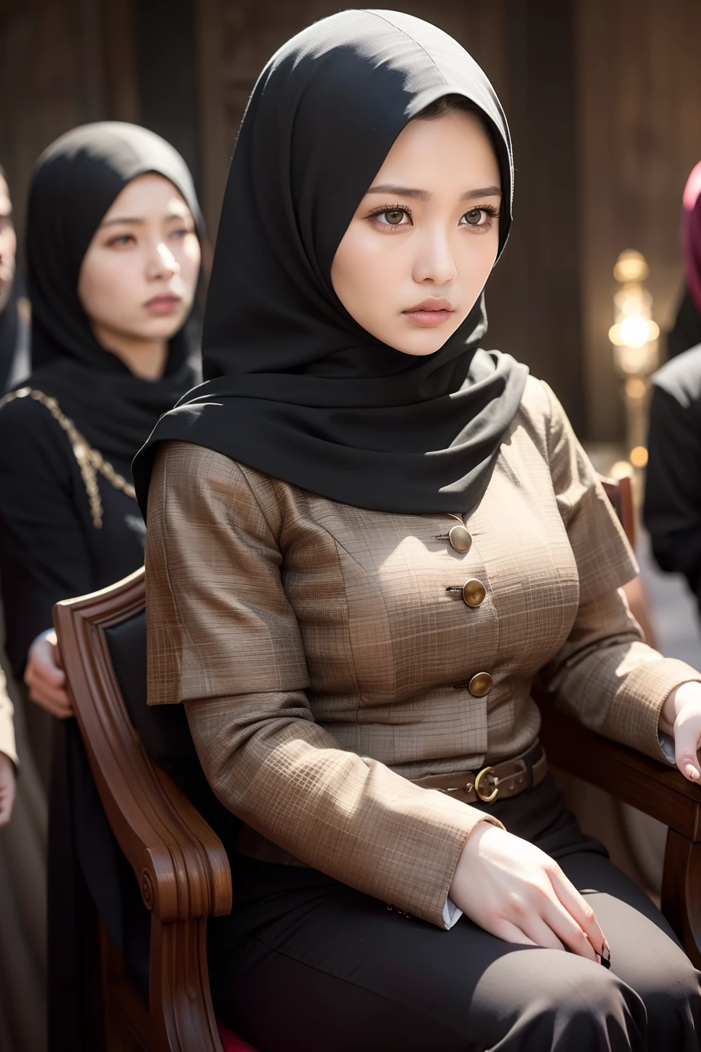 Compose a striking and cinematic photograph featuring a beautiful Malay woman in hijab and wear summer outfit seated on a throne as the leader of a mafia gang, surrounded by her loyal male followers. Use dramatic and moody lighting techniques to create a compelling atmosphere that highlights the intensity and power dynamic within the group. Pay special attention to the woman's confident and enigmatic expression as she commands the respect and allegiance of her followers. Capture the essence of their unity and authority, evoking a sense of intrigue and strength that defines their presence in the underworld, Super 8mm lense, Extreme close-up, High Contrast cinematography effect, Natural Lighting, Desaturate color grading, high quality, ultra detail, 8k resolution,