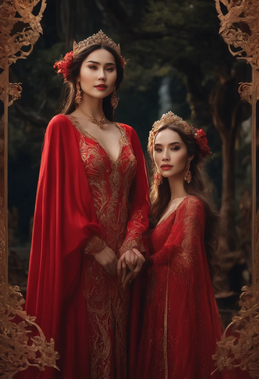 Two female elves in red dresses stand next to each other,Ao Dai, ornate flowing robe,Fantasia、elvish、Young Elves