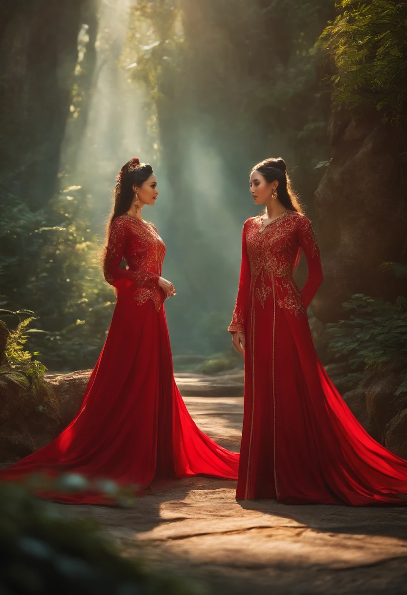 Two female elves in red dresses stand next to each other,Ao Dai, ornate flowing robe,Fantasia、elvish、Young Elves