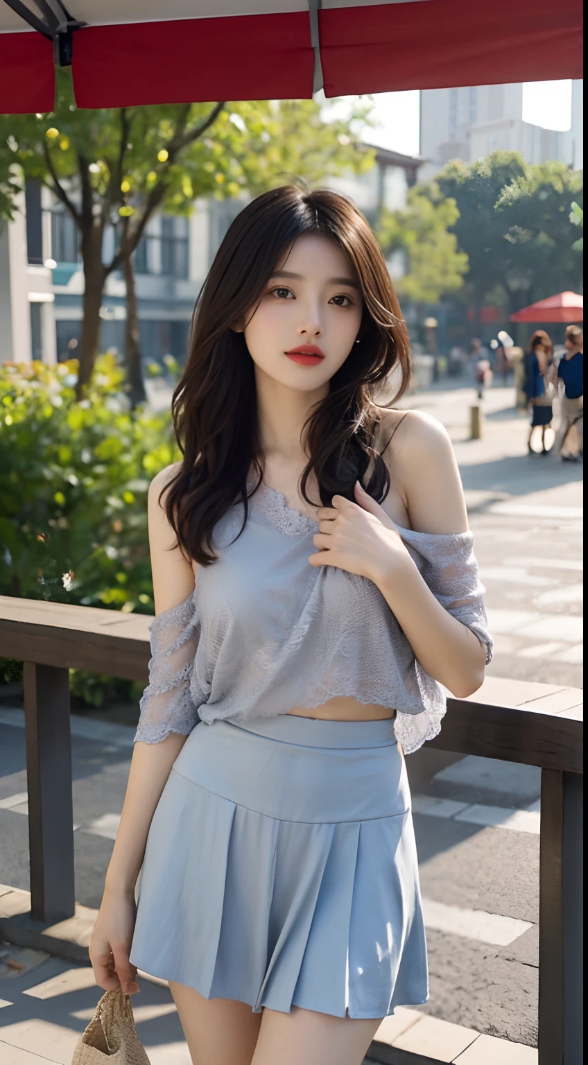 A perfect young female white-collar worker,Chinese big breasts,High picture quality,Works of masters,Black hair,Long hair shawl,Long hair flowing over the shoulders,Beach wave hairstyle,cropped shoulders,鎖骨,exquisite face,Hydrated red lips,((Wear colorful and stylish summer sailor suits))(red colour,blue colors,green color,Violet-orange,In pink,amarelo,Printed clothing),Kurfo,,Colorful pleated skirt,white stockings,Magic starry sky dress,Lace skirt,Puff sleeve skirt,Tassel elements,Lace paneled elements,Openwork elements,Texture element,Real Human,CG rendering,16k,Stand up,Suzhou Garden,On the bridge,Do not show your hands,Close-up shot