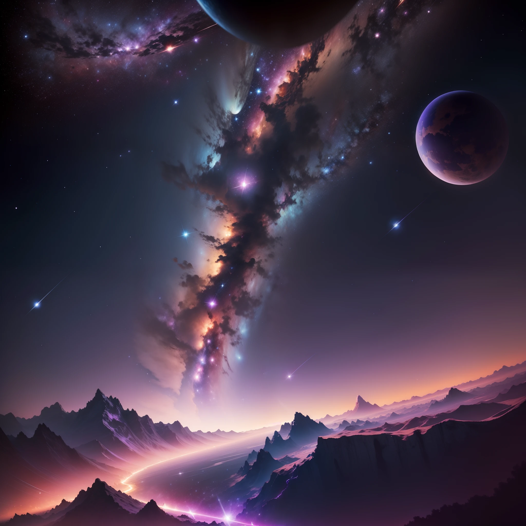 View from the earth from space, the sky full of stars and small planets. The sky is breathtaking. The sky is a mixture of colors of the light pink hue, rosa levemente escuro, roxo, lilac, laranja, azul escuro e azul claro. The sky with some small shooting stars.