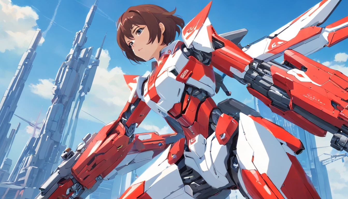 Female, mature face, red and white cyborg mech，holding gun，Complex mechanical structure，Mecha articulated wing metallic luster，Fly in the sky