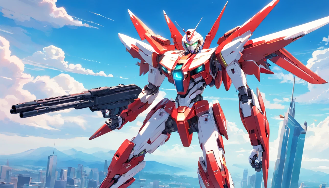 Female, mature face, red and white cyborg mech,holding gun,Complex mechanical structure,Mecha articulated wing metallic luster,Fly in the sky