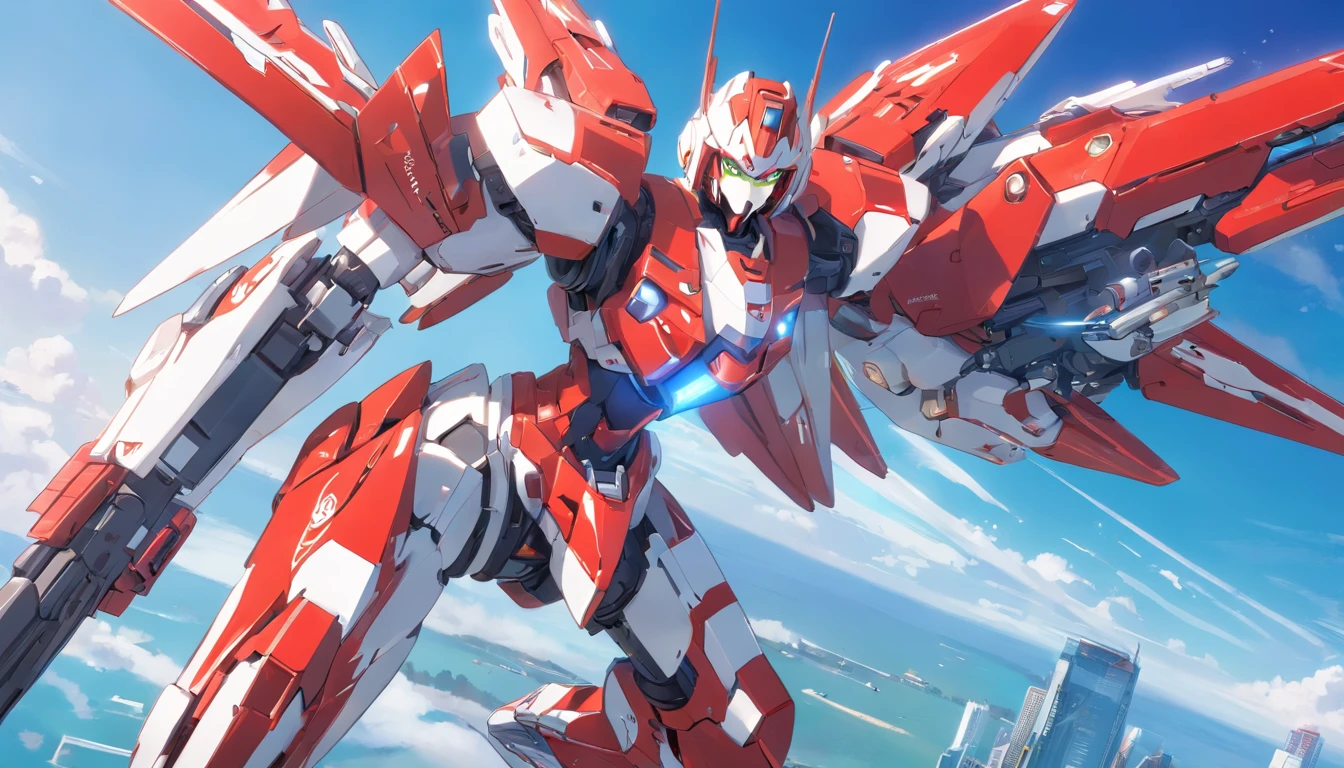 Female, mature face, red and white cyborg mech,holding gun,Complex mechanical structure,Mecha articulated wing metallic luster,Fly in the sky