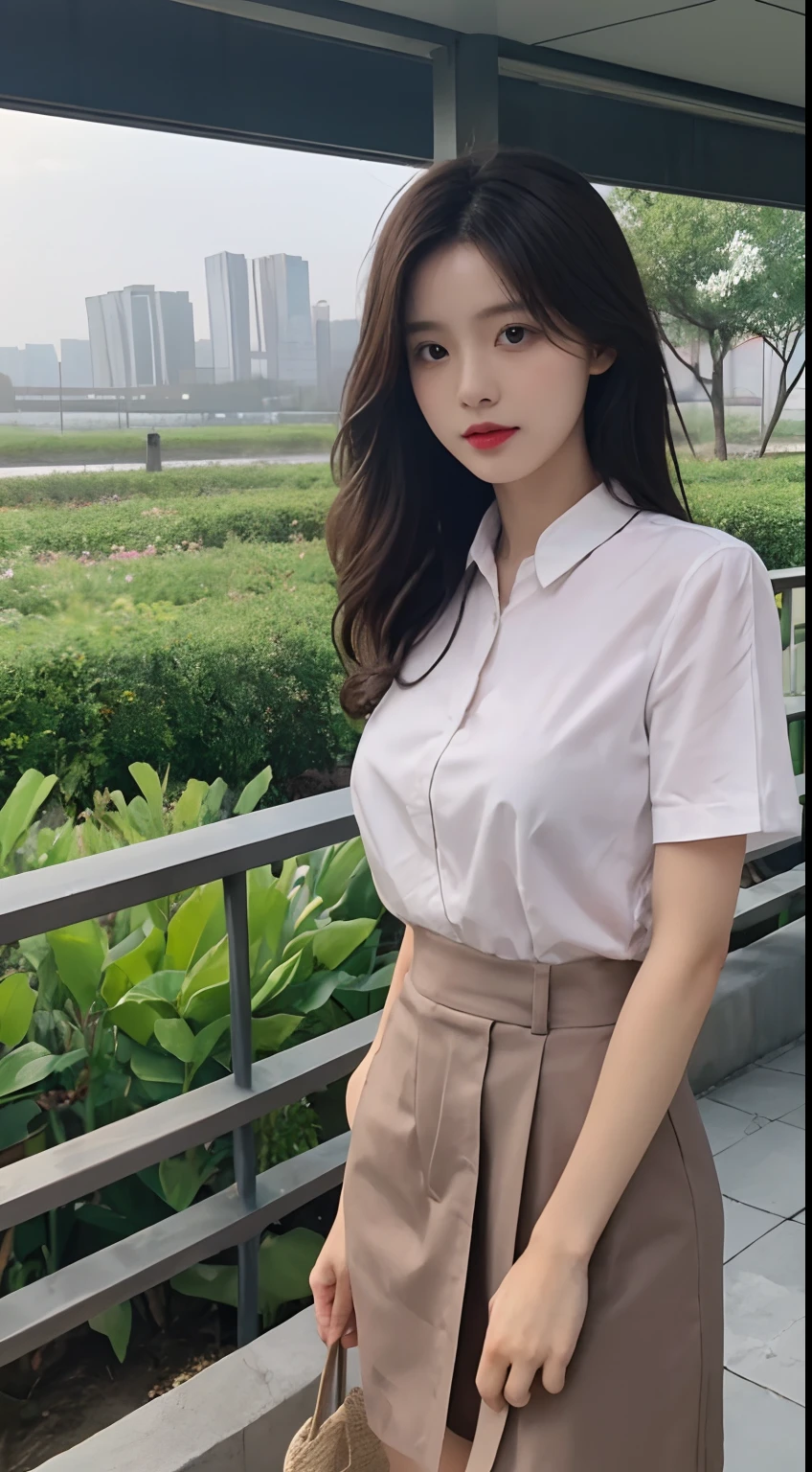 A perfect young female white-collar worker，Chinese big breasts，High picture quality，Works of masters，Black hair，Long hair shawl，Long hair flowing over the shoulders，Beach wave hairstyle，cropped shoulders，鎖骨，exquisite face，Hydrated red lips，（White color blouse，Workwear uniforms，Long legs（Skirt，Tassel elements，Real Human，CG rendering，16k，Stand up，Suzhou Garden，On the bridge，Do not show your hands，Close-up shot