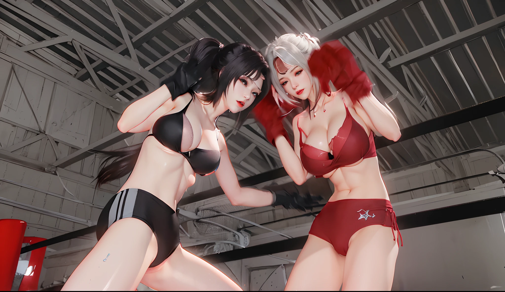 ((Unreal Engine 5)), Realistic Rendering, Excellent, (sexy skimpy bikini:1.3), looking on camera, (standing:1.8), beautiful face, makeup, CGImix, (photorealism:1.2), ultrarealistic uhd face, (huge soft boobs:1.5), (muscle abs:1.3), (big butt:1.3), (wide hips), (thick thighs), slim waist, hourglass figure, half body, ((glowing skin)), ((shiny skin)), Realistic body, ((she is sexy body)), ((clean skin)), photorealistic, bokeh, motion blur, masterpiece, highres, 1080P, super detail, textured skin. Boxing