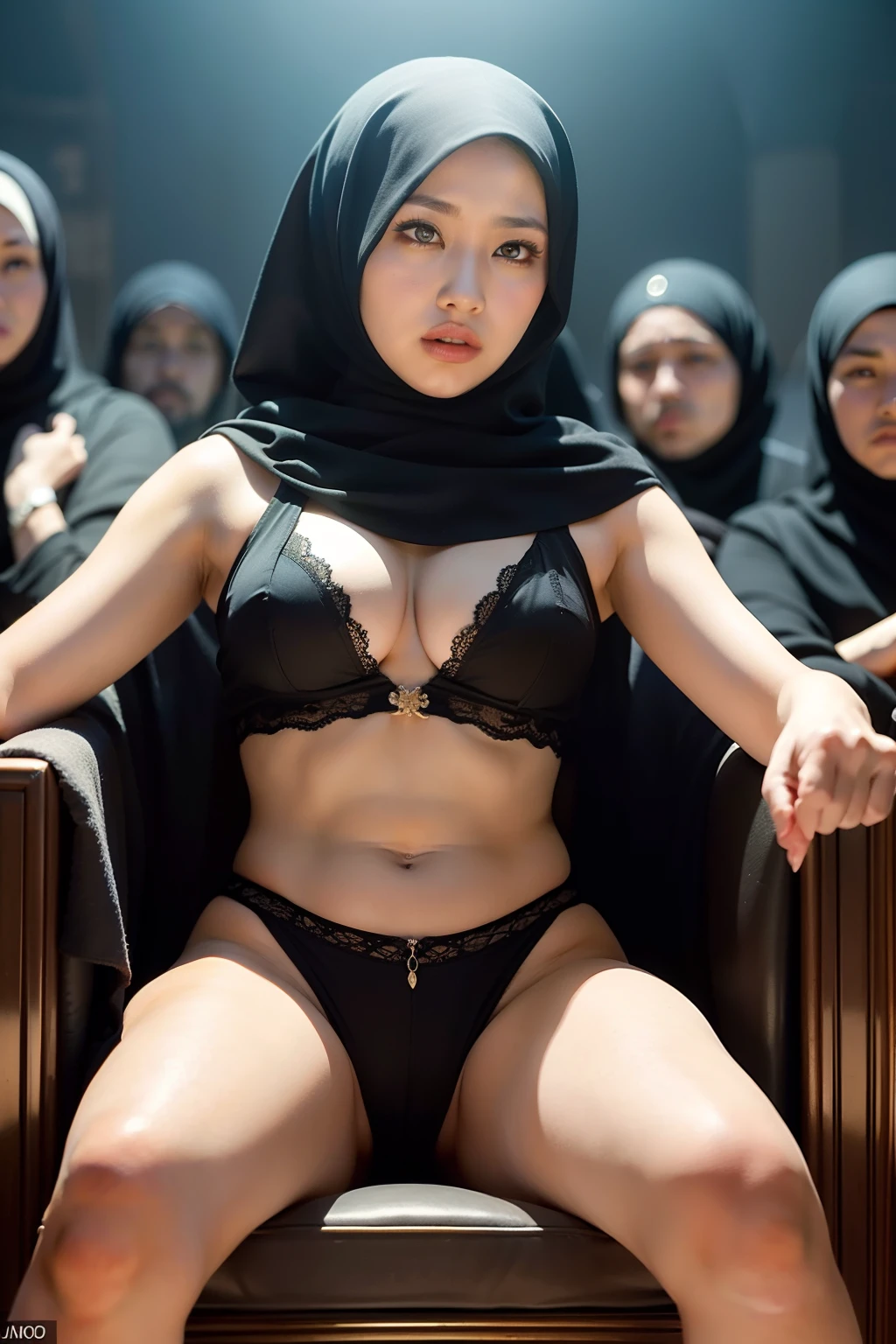 Compose a striking and cinematic photograph featuring a beautiful Malay woman in hijab and wear summer outfit seated on a throne as the leader of a mafia gang, surrounded by her loyal male followers. Use dramatic and moody lighting techniques to create a compelling atmosphere that highlights the intensity and power dynamic within the group. Pay special attention to the woman's confident and enigmatic expression as she commands the respect and allegiance of her followers. Capture the essence of their unity and authority, evoking a sense of intrigue and strength that defines their presence in the underworld."