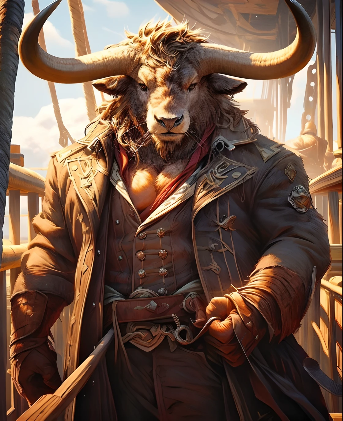 A closeup of a man in a coat with horned head, um Minotauroo, personagem de fantasia hiperdetalhado, Minotauro, Minotauro em armadura antiga, Tauren, trending on ArtStation.', arte de personagem impressionante, Retrato de um Minotauro, inspirado em Giuseppe Bernardino Bison, epic fantasy character art, com chifres