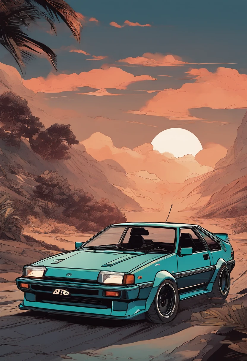 ar of a perfect toyota ae86 drifting from up view In the style of 90's vintage. anime Detailed art. Fine line art 90’s vintage anime