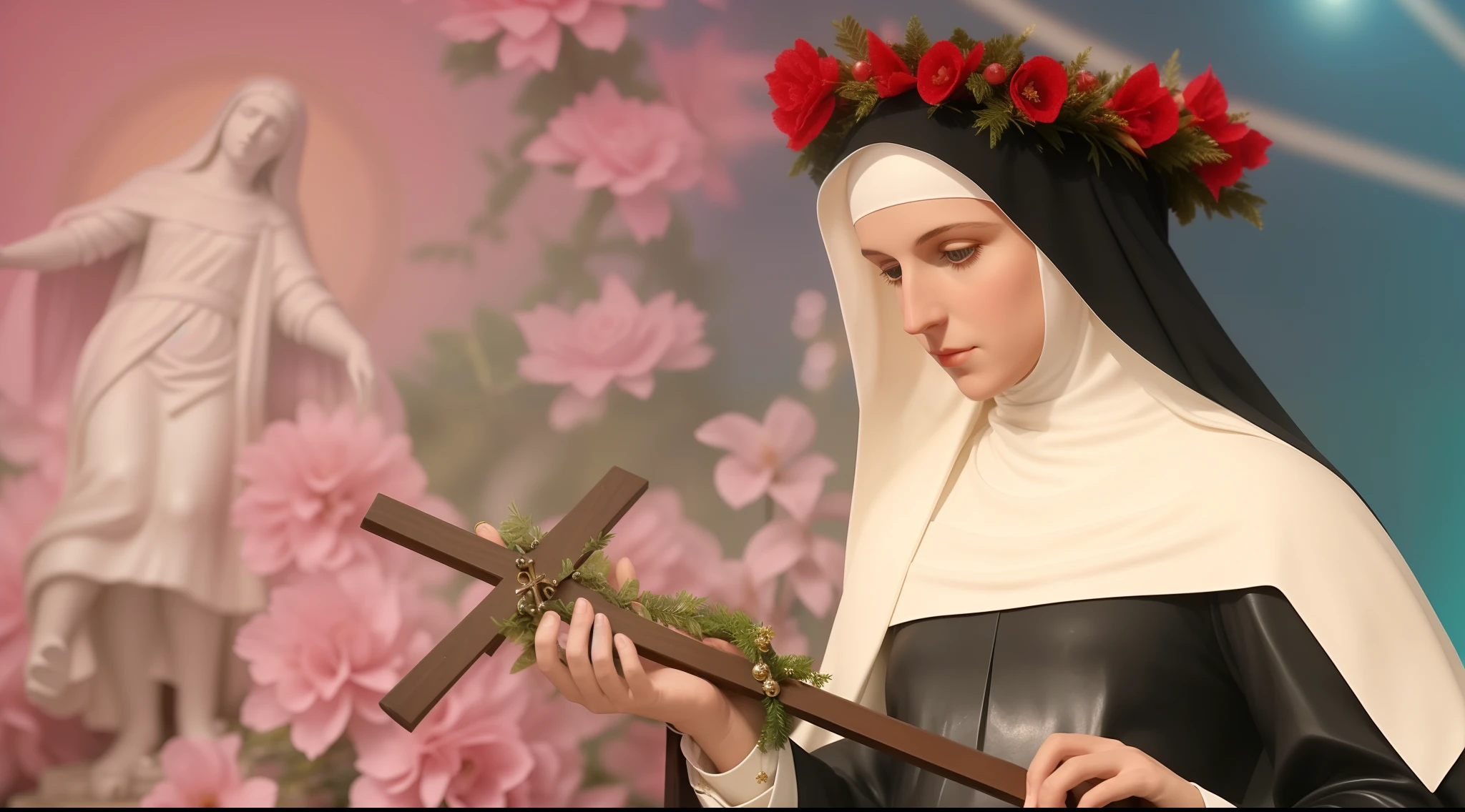 Statue of a nun holding a cross and a wreath, majestosa mulher de santo, santa mulher, christian saint, Rosen Maiden, santo, padroeiro do 🛸🌈👩🏾, santas mulheres, Santo ortodoxo, Catholic, imaculadamente detalhado, Virgem Maria, imagens religiosas, christian saint rosace, queen of heaven, Retrato gracioso santo, Bem Modelo de Moda