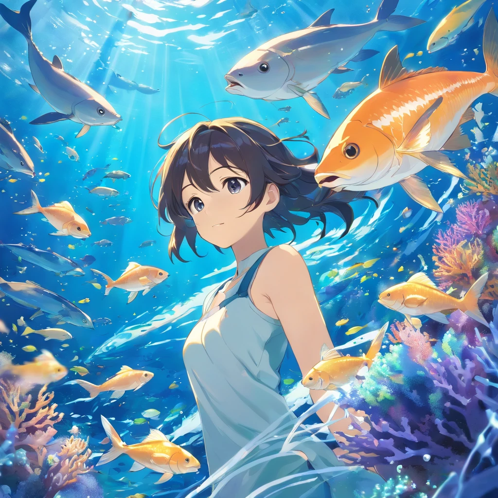 Sea World Fontaine Bright light on the sea, schools of fish form a spiral surrounded by marine life