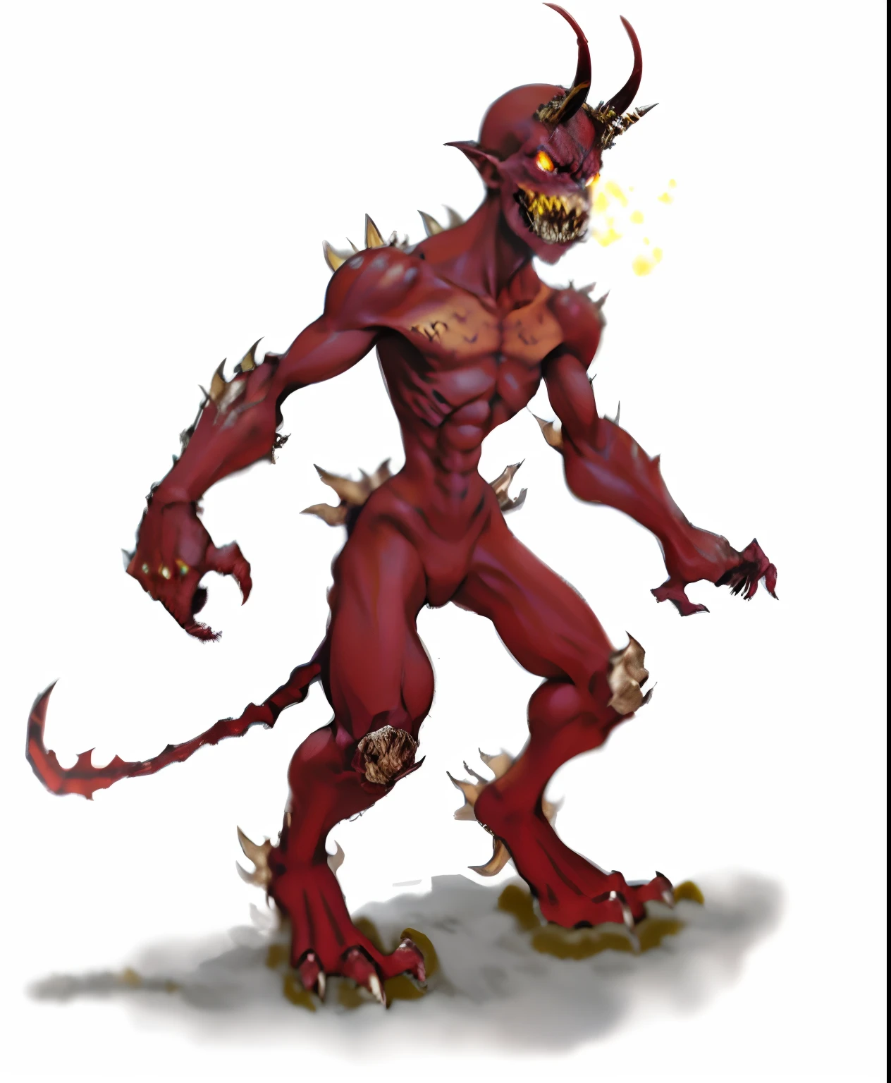 women, red head, night, (mouth open), (teeth), pentagram, small breasts, fangs, glowing red eyes, pigtails, demonic bodysuit, crouching, ((visible spiked ribcage)), ((long demonic claws)), digitigrade legs, ((drooling)), furry tail, anus,, chained to floor