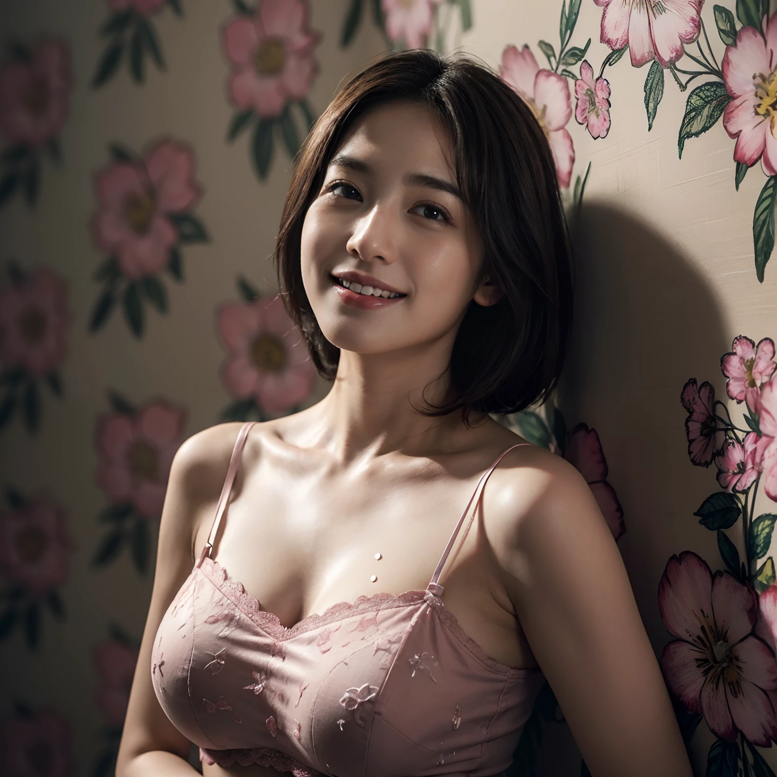 (A hyper-realistic), (illustratio), (hight resolution), (8K), (ighly detailed), (The best illustrations), (beatiful detailed eyes), (top-quality), (ultra-detailliert), (masterpiece), (wall-paper), (detailed face), drooing eyes,full of sweat,Upper body close-up,Armpit,short-hair,inner colored,Girl in simple pink underwear, japanes, Colossal tits、A smile, simple dark background