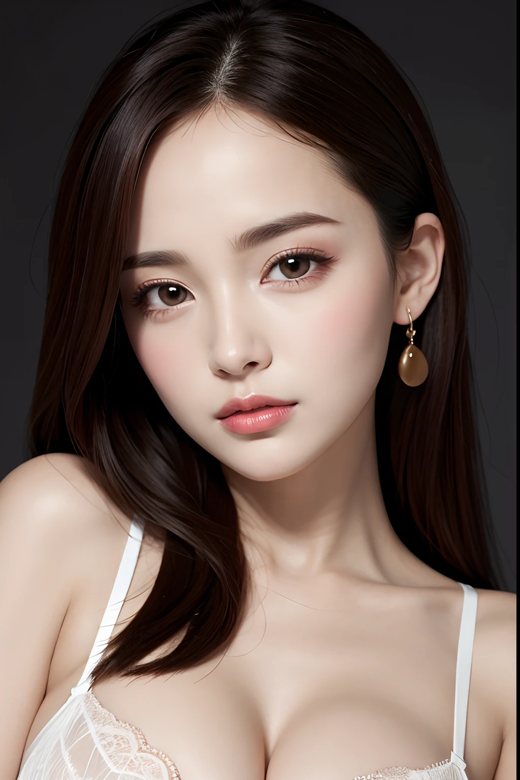 8K, Raw photography, Hyper-Realism, masterpiece, top-quality, 超A high resolution, Pin Light, Back lighting, ciinematic light, foco nítido, Hyper-detailing, finedetail, close up of face, write, 1girl in, Small and plump lips, Straight and cute nose, Egg-shaped face with long and cute eyelashes, The upper part of the body, cleavage of the breast