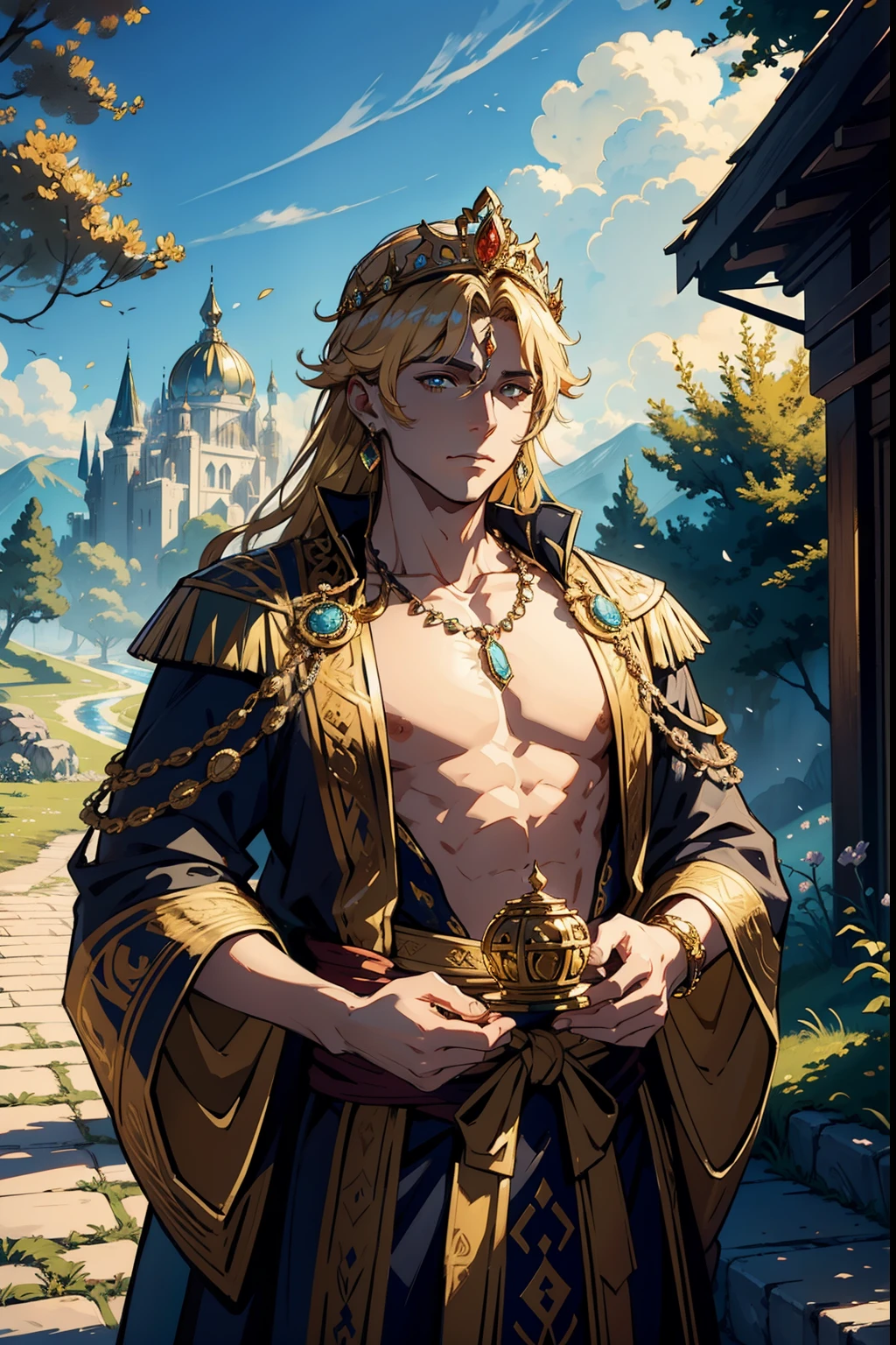 An image of a wealthy king, wearing a jeweled crown and other jewelry, holding coins in hand, background is springtime landscape, mood is productive constructive, bravery, power, daytime light, character design.