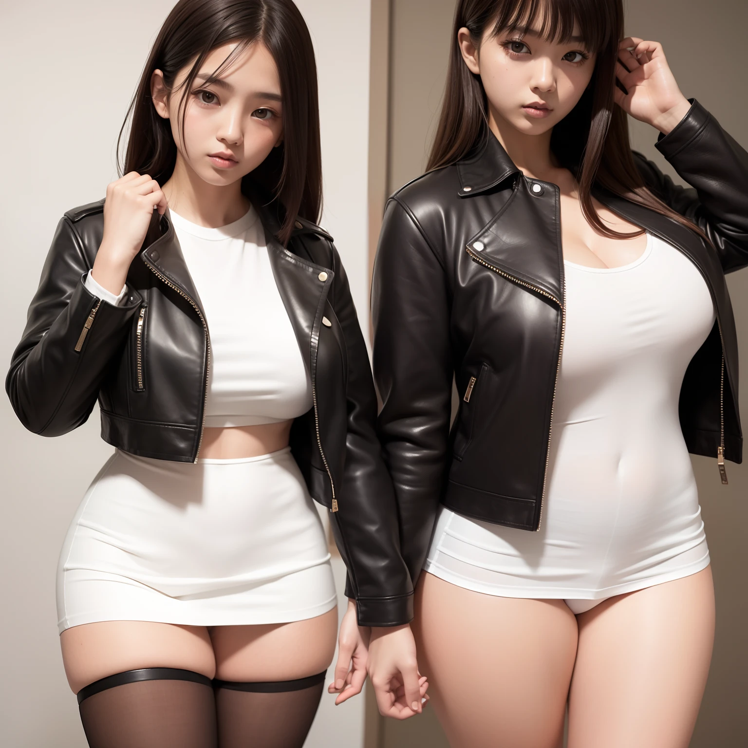 girl with1a person、Korean models、huge-breasted、beautiful thigh、Beautiful fingers、Beautiful brown hair、Brown eyes、Black leather jacket、white t-shirts、Ultra mini skirt、