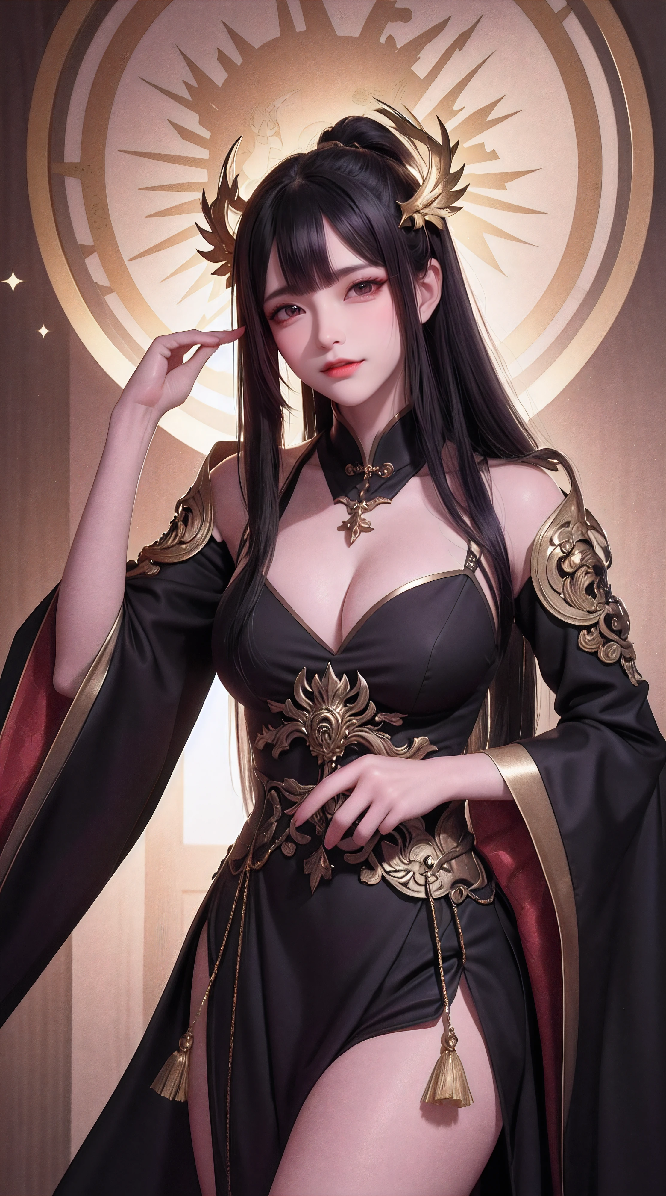 China,Dark Big, Oriental eyes,
Black long hair gathered in a Chinese ponytail.
ah high, muscular.
Dressed in a black leather cloak, with metal shoulder pads. In his right hand he holds a sword, the left one is raised above the head and a chrysanthemum flower sparkles in it, What scatters star rays.
fantasy world. Blend of black gold, Gold Pattern, Dragon Pattern Road, prince, palace. Lightning effect.