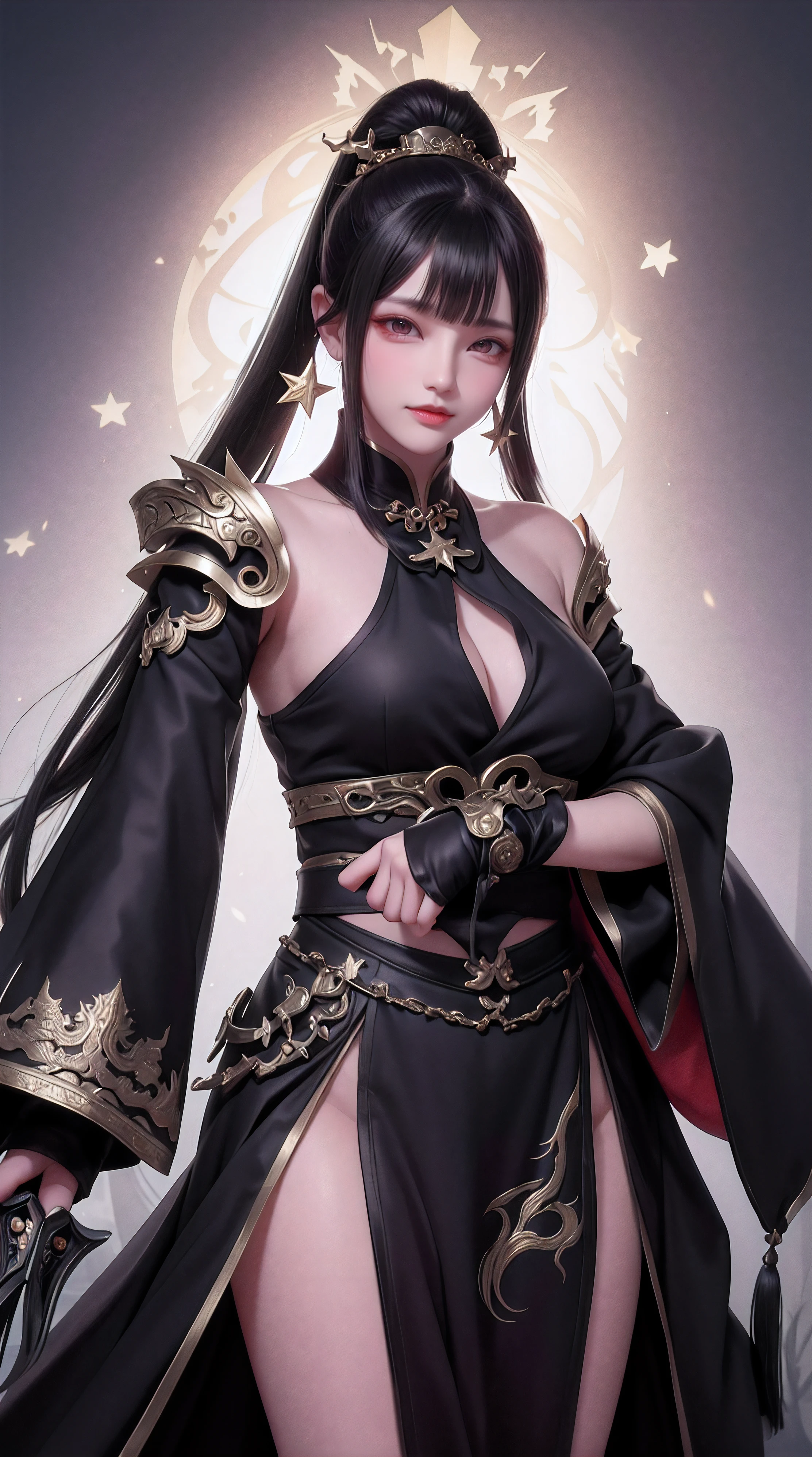 Fighting Gyungsi women、a cold expression、pale body、(Old dark purple Chinese costume:1.8)、Old Chinese Hats、Yellow tag、full body