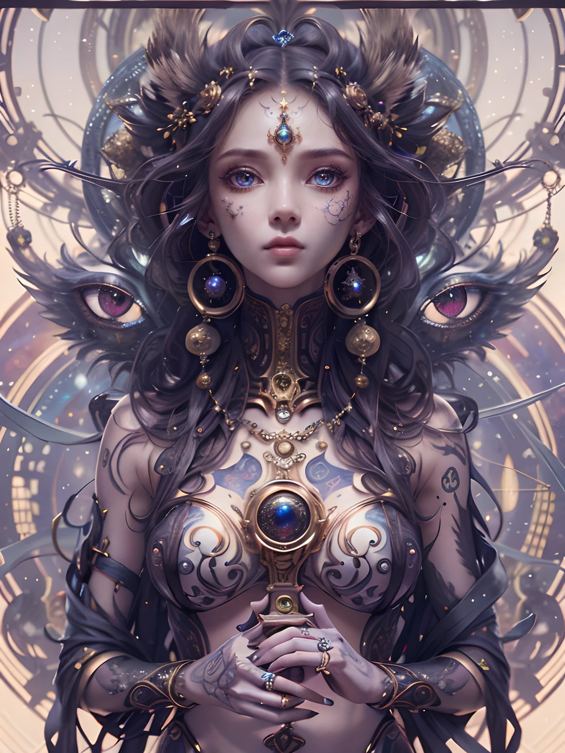 (best qualtiy,ultra - detailed,Most Best Illustration,Best shadow,tmasterpiece,A high resolution,professionalartwork,famousartwork),Detailed eyes,beautidful eyes,closeup cleavage,sci-fy,colored sclera,Robot eyes,face markings,Tattooed with,(fractalized,Fractal eyes),largeeyes,Wide eyes,(Eye focus),sface focus,Cosmic eyes,Space eyes,Close-up of metal sculpture of a woman with a moon in her hair,goddes。extremly high detail,3 d goddess portrait,Extremely detailed footage of the goddess,a stunning portrait of a goddess,Side image of the goddess,portrait of a beautiful goddess,Full body close-up portrait of the goddess,hecate goddess,portrait of a norse universe goddess,goddess of space and time