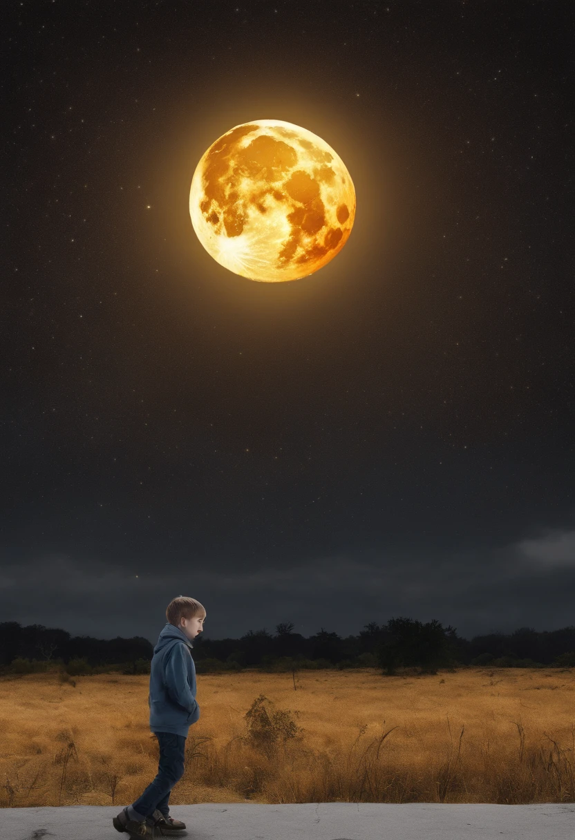 KIDS BLONDE VAMPIRE CLOSE UP, a red full moon rising over a road in the middle of a field, epic red - orange moonlight,
