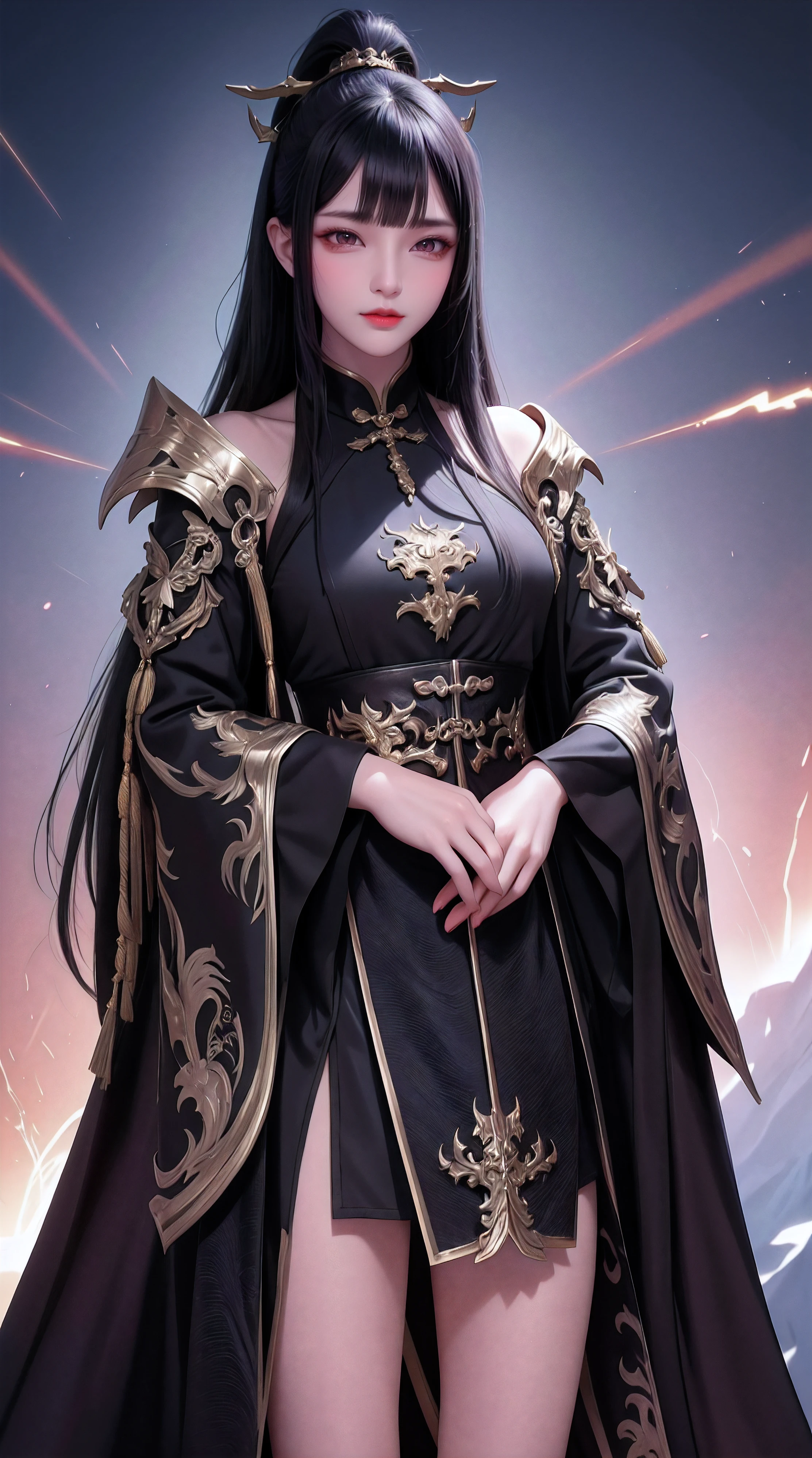 China,Dark Big, Oriental eyes,
Black long hair gathered in a Chinese ponytail,
ah high,Dressed in a black leather cloak, with metal shoulder pads, holds a sword, What scatters star rays,
fantasy ,Blend of black gold, Gold Pattern, Dragon Pattern Road, prince, palace,Lightning effect,