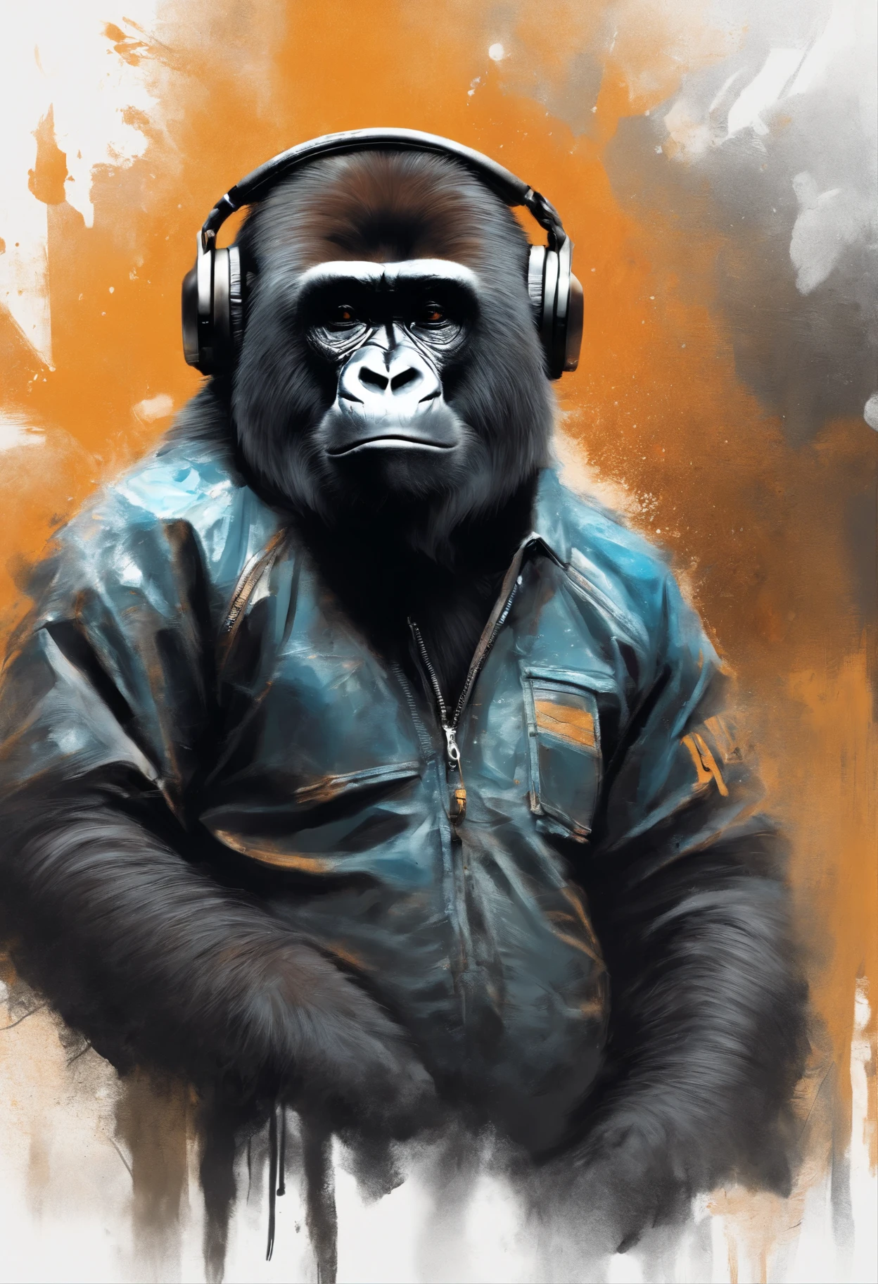 Perfect centering, a cute little gorilla, Wear a student team jacket, Wearing sunglasses, Wearing headphones, cheerfulness, Standing position, Abstract beauty, Centered, Looking at the camera, Facing the camera, nearing perfection, Dynamic, Highly detailed, smooth, Sharp focus, 8K, high definition resolution, illustration, Art by Carne Griffiths and Wadim Kashin, White background