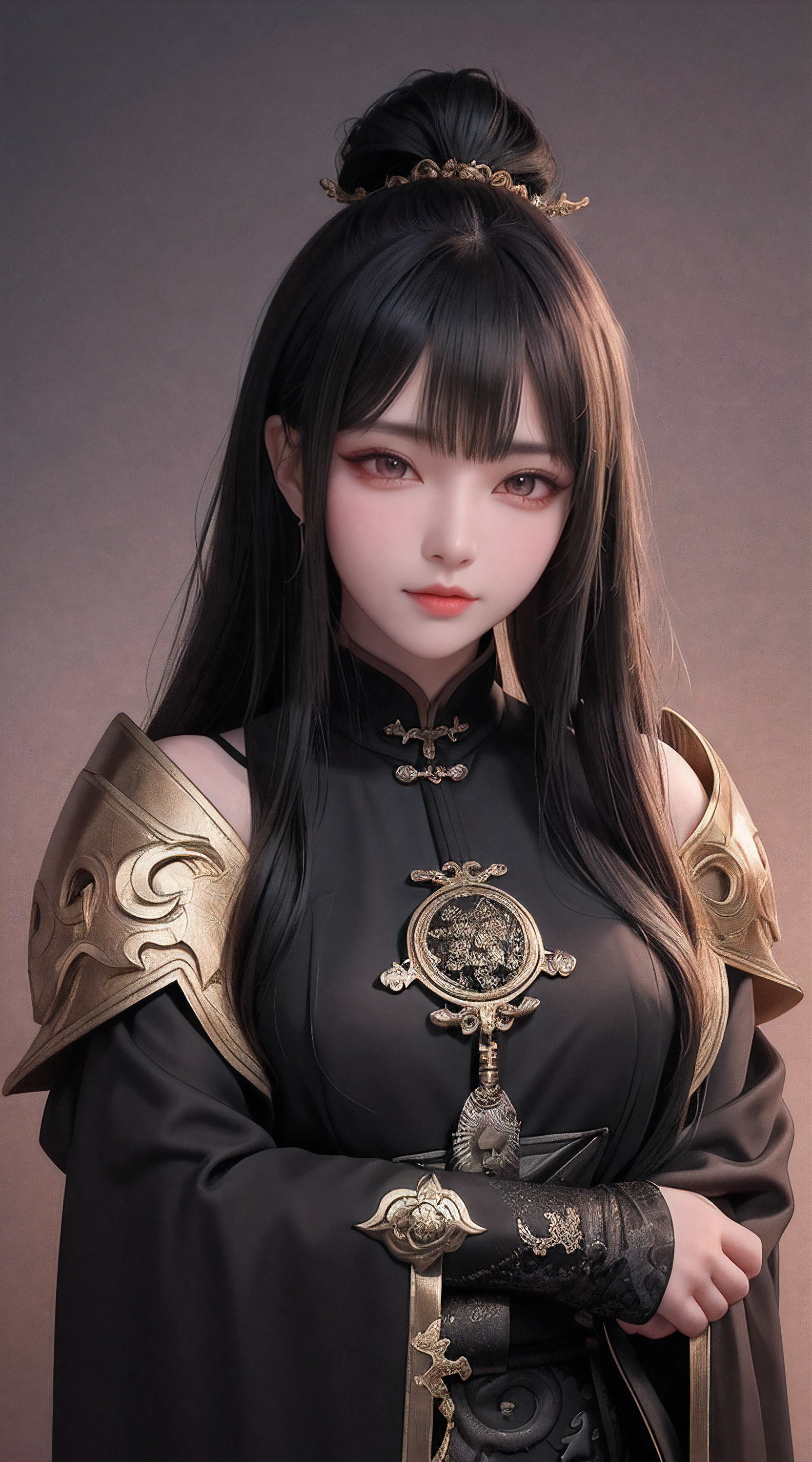 China,Dark Big Oriental eyes,Black long hair gathered in a Chinese ponytail,Dressed in a black leather cloak, with metal shoulder pads,scatters star rays,fantasy ,Blend of black gold,colorful Pattern, Dragon Pattern Road, prince, palace,Lightning effect,