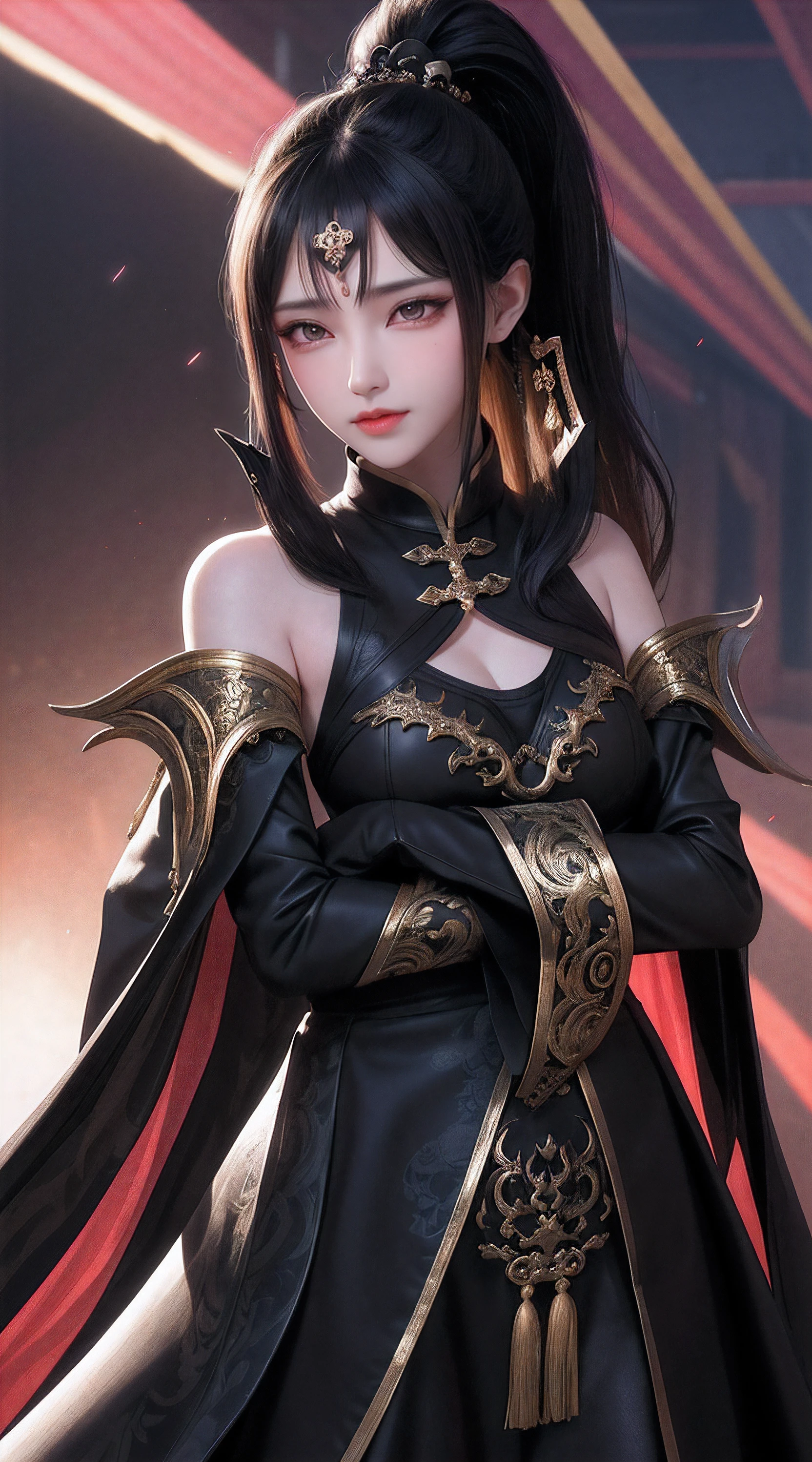 Woman, blue eyes, brunette hair gathered in a sloppy low bun, red tight Chinese dress, high black boots, dragon horns and tail, light lipstick, spear in hands, a short cape on the shoulders, cold emotionless gaxe