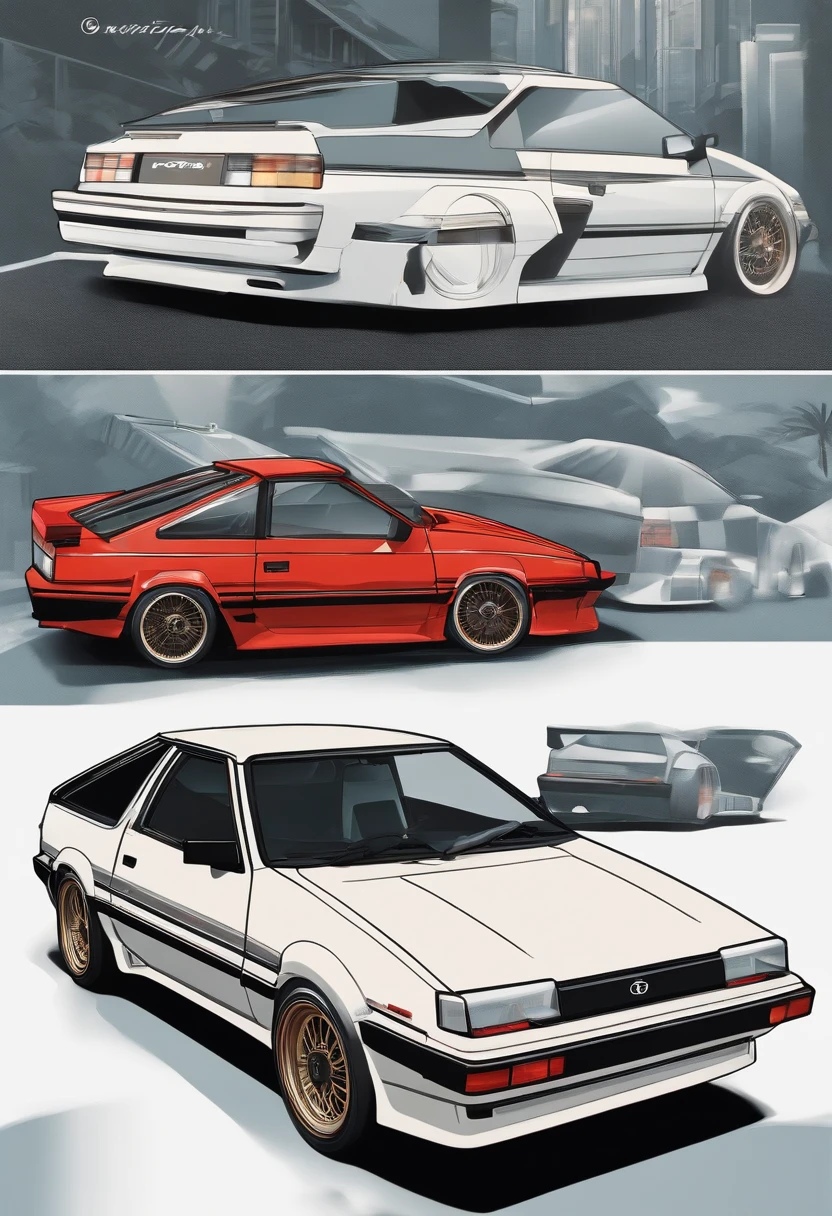 Vista de cima da lateral do Toyota AE86, estilo anime nos anos 90, arte detalhada do anime, Arte de anime vintage dos anos 90, detailed representation of Toyota AE86 traditional anime shading, Art with a retro vibe, nostalgia, Clean and crisp details, arte com senso de movimento, alto contraste, bold and lively composition