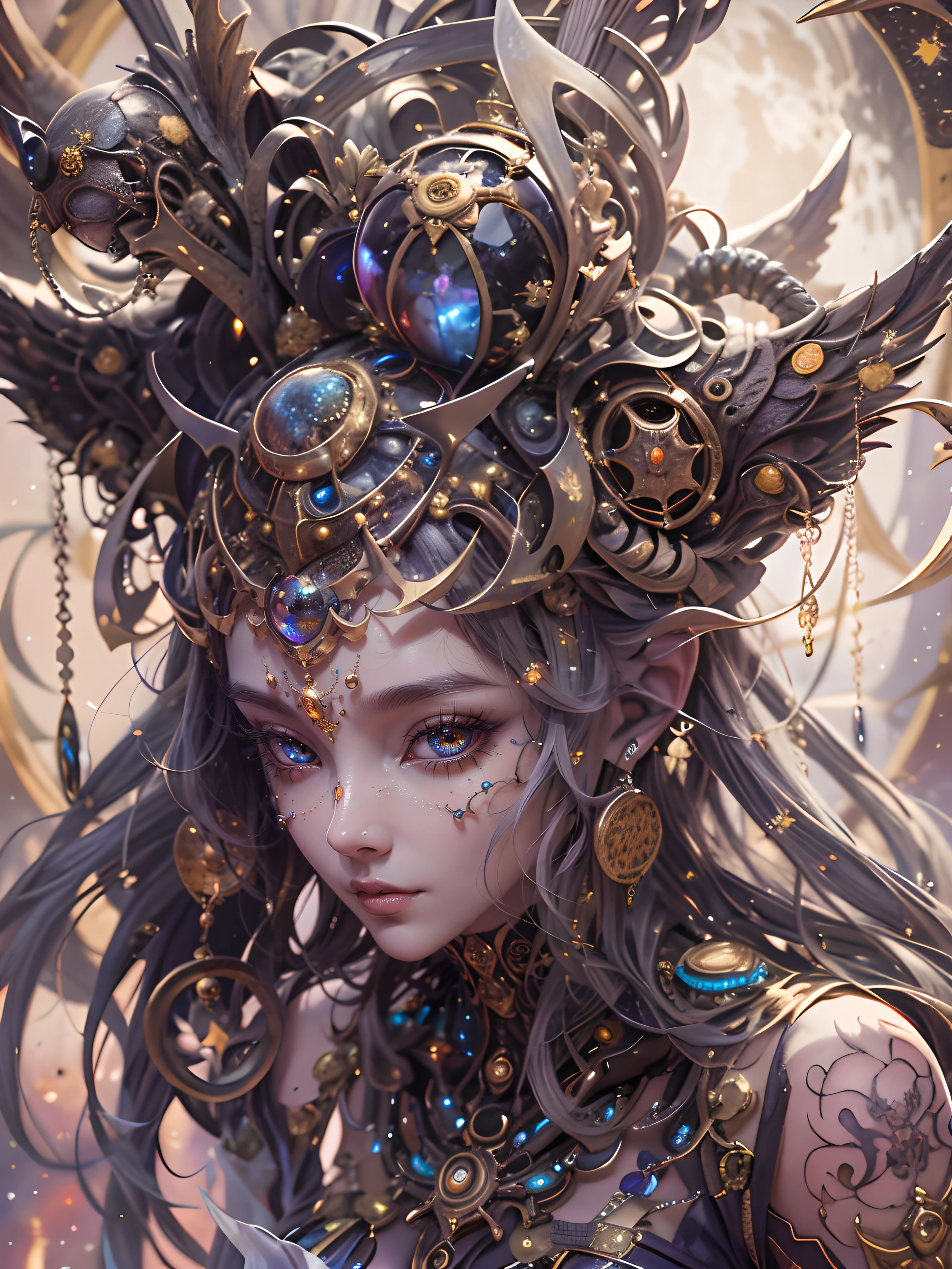 (best qualtiy,ultra - detailed,Most Best Illustration,Best shadow,tmasterpiece,A high resolution,professionalartwork,famousartwork),Detailed eyes,beautidful eyes,closeup cleavage,sci-fy,colored sclera,Robot eyes,face markings,Tattooed with,(fractalized,Fractal eyes),largeeyes,Wide eyes,(Eye focus),sface focus,Cosmic eyes,Space eyes,Close-up of metal sculpture of a woman with a moon in her hair,goddes。extremly high detail,3 d goddess portrait,Extremely detailed footage of the goddess,a stunning portrait of a goddess,Side image of the goddess,portrait of a beautiful goddess,Full body close-up portrait of the goddess,hecate goddess,portrait of a norse universe goddess,goddess of space and time
