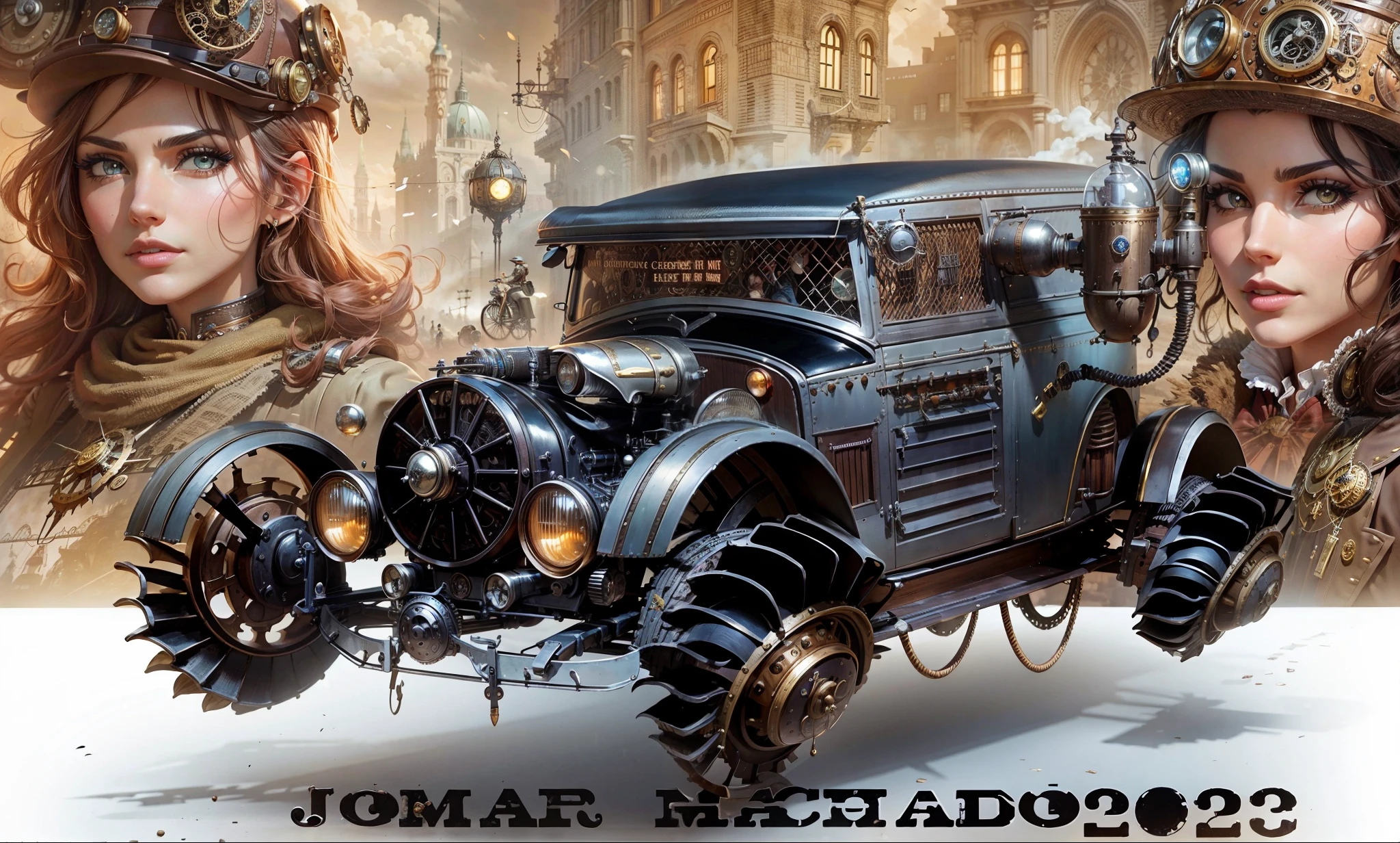Beautiful flying steampunk science car in the foreground and two gorgeous steampunk women with all their steampunk gadgets and in the background steampunk style buildings
